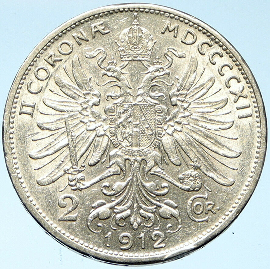 1912 AUSTRIA KING FRANZ JOSEPH I Eagle Antique OLD Silver 2 Corona Coin i102761