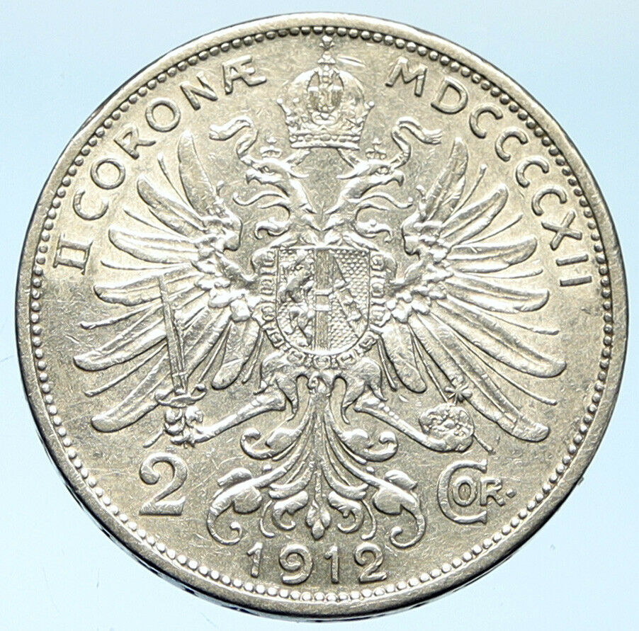 1912 AUSTRIA KING FRANZ JOSEPH I Eagle Antique OLD Silver 2 Corona Coin i102760