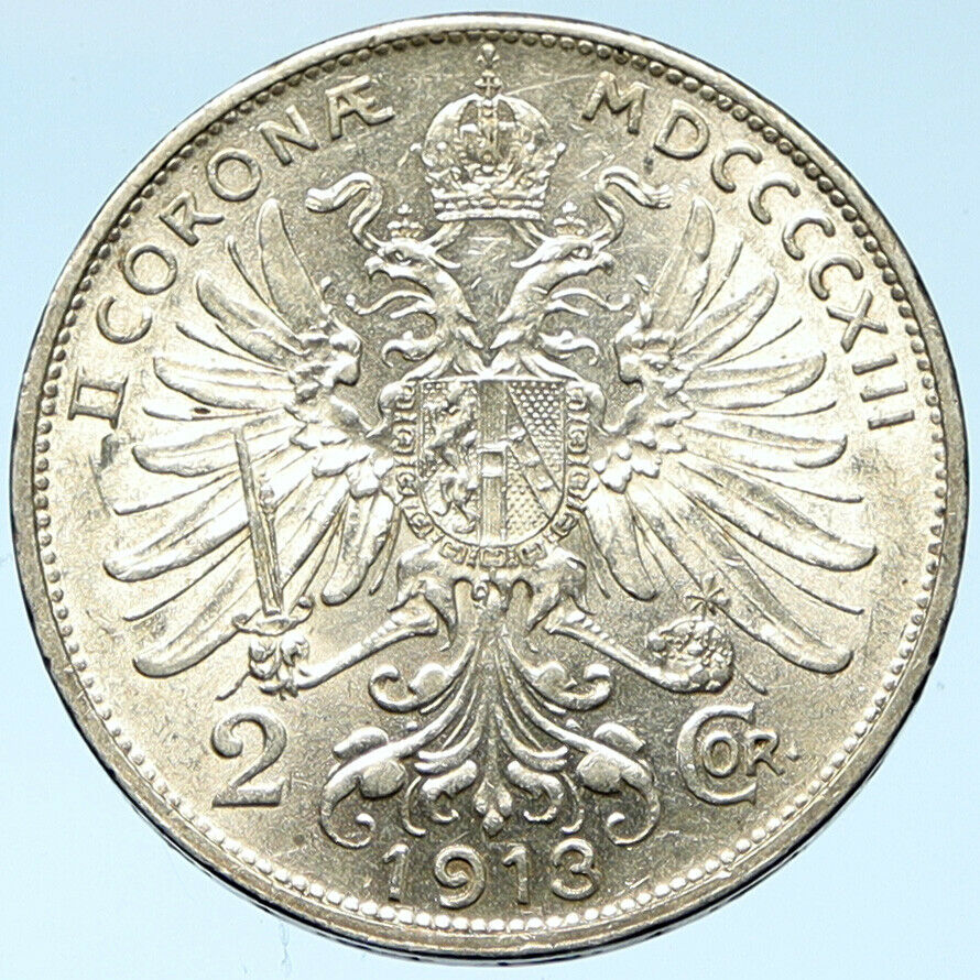 1913 AUSTRIA KING FRANZ JOSEPH I Eagle Antique OLD Silver 2 Corona Coin i102766