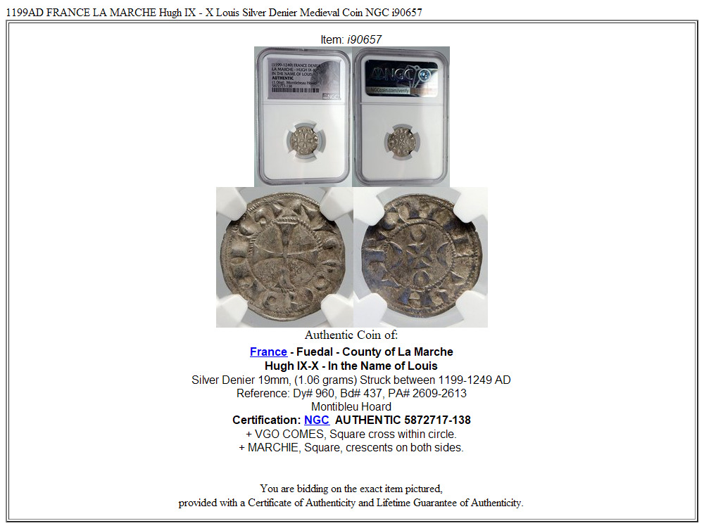1199AD FRANCE LA MARCHE Hugh IX - X Louis Silver Denier Medieval Coin NGC i90657