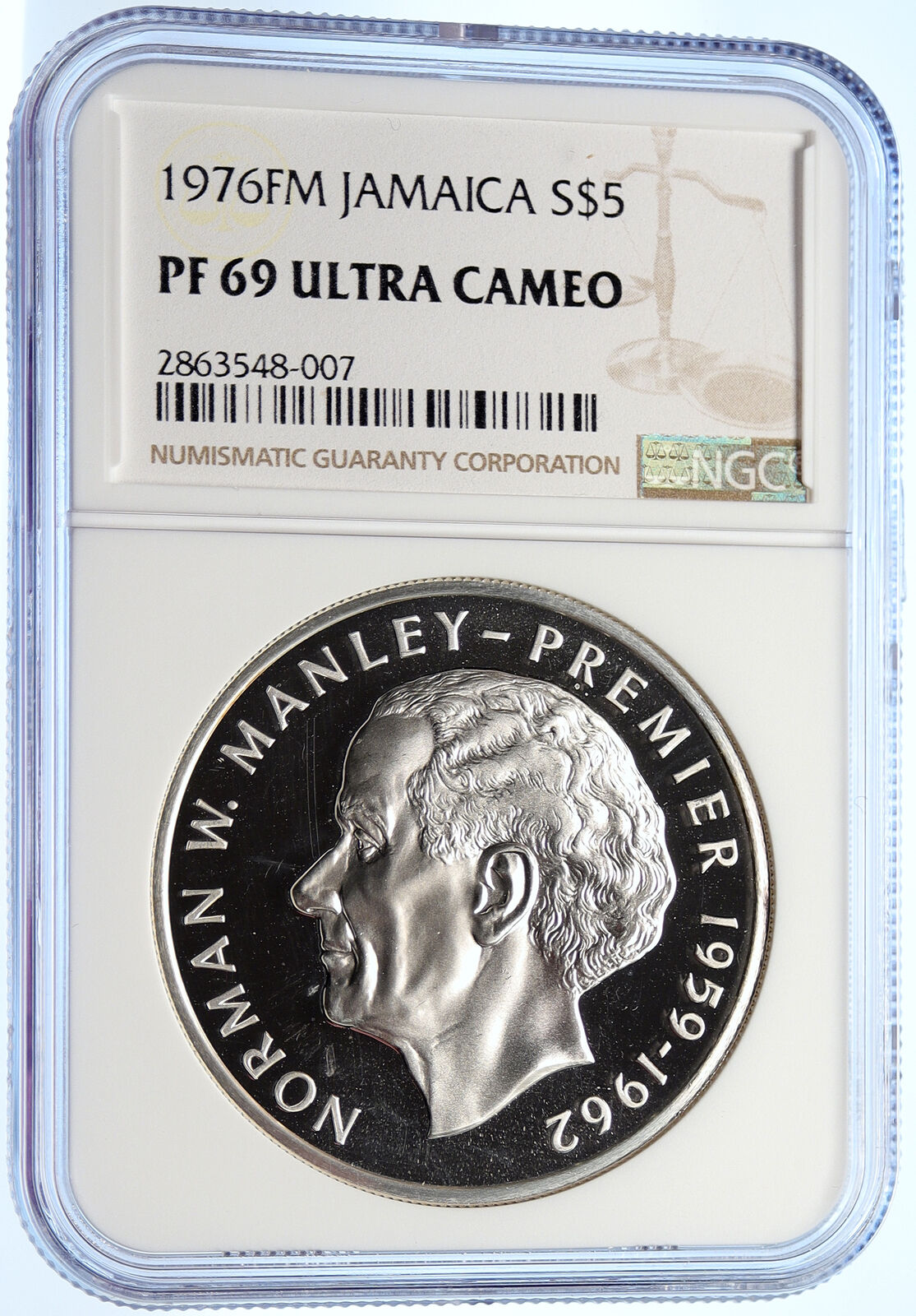 1976 JAMAICA HUGE Premier Norman W. Manley OLD Proof Silver $5 Coin NGC i106309