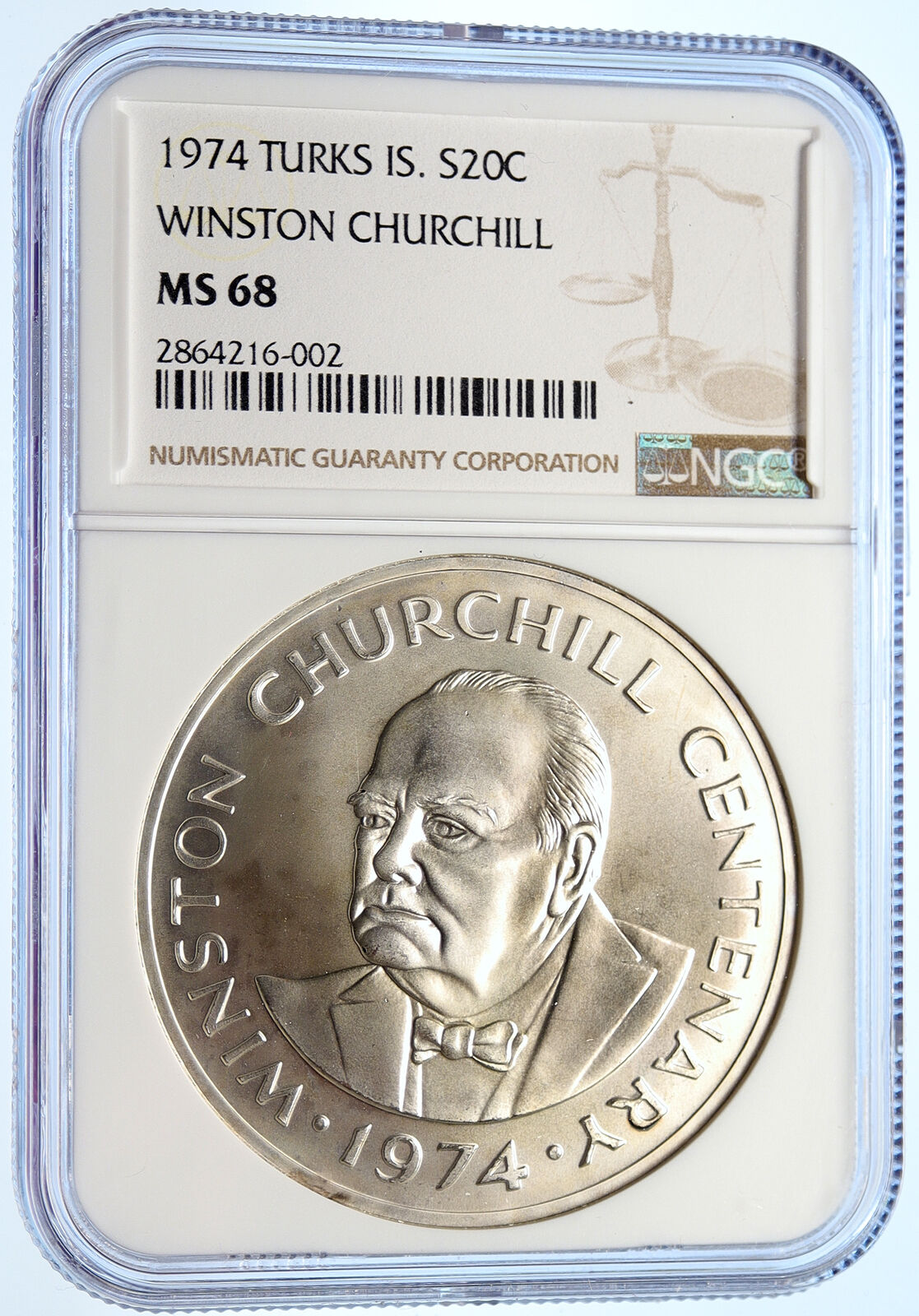 1974 TURKS & CAICOS UK WINSTON CHURCHILL Old Silver 20 Crown Coin NGC i106319