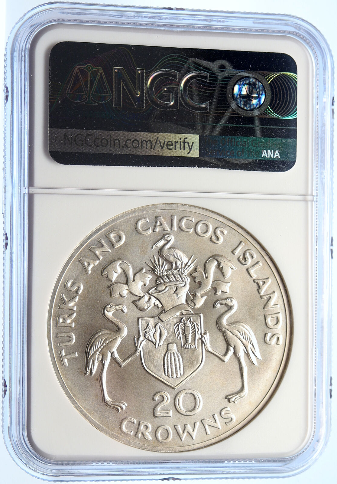 1974 TURKS & CAICOS UK WINSTON CHURCHILL Old Silver 20 Crown Coin NGC i106319