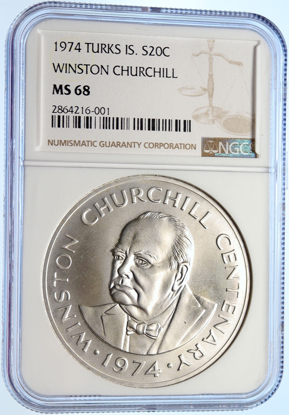 1974 TURKS & CAICOS UK WINSTON CHURCHILL Old Silver 20 Crown Coin NGC i106318