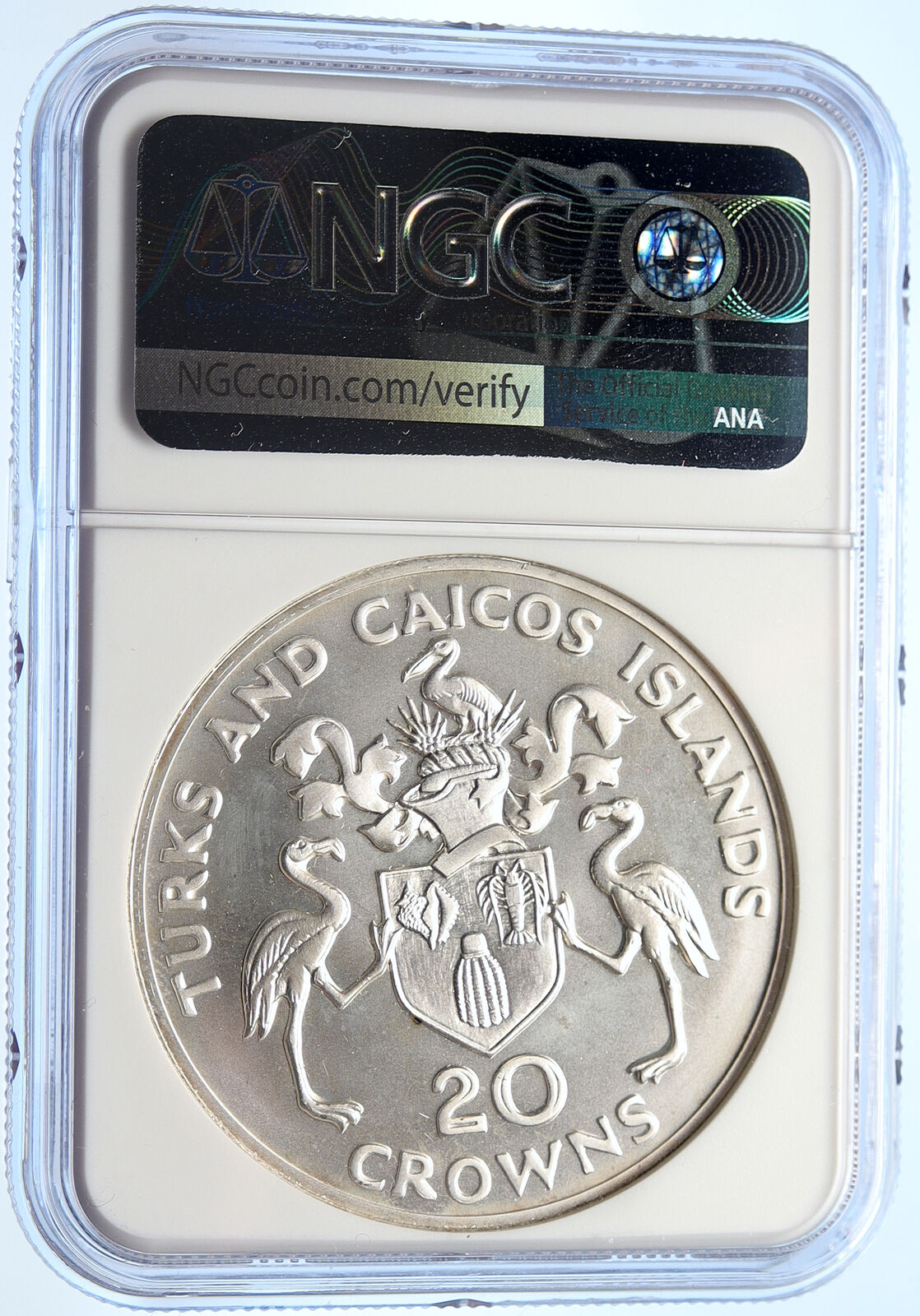 1974 TURKS & CAICOS UK WINSTON CHURCHILL Old Silver 20 Crown Coin NGC i106318