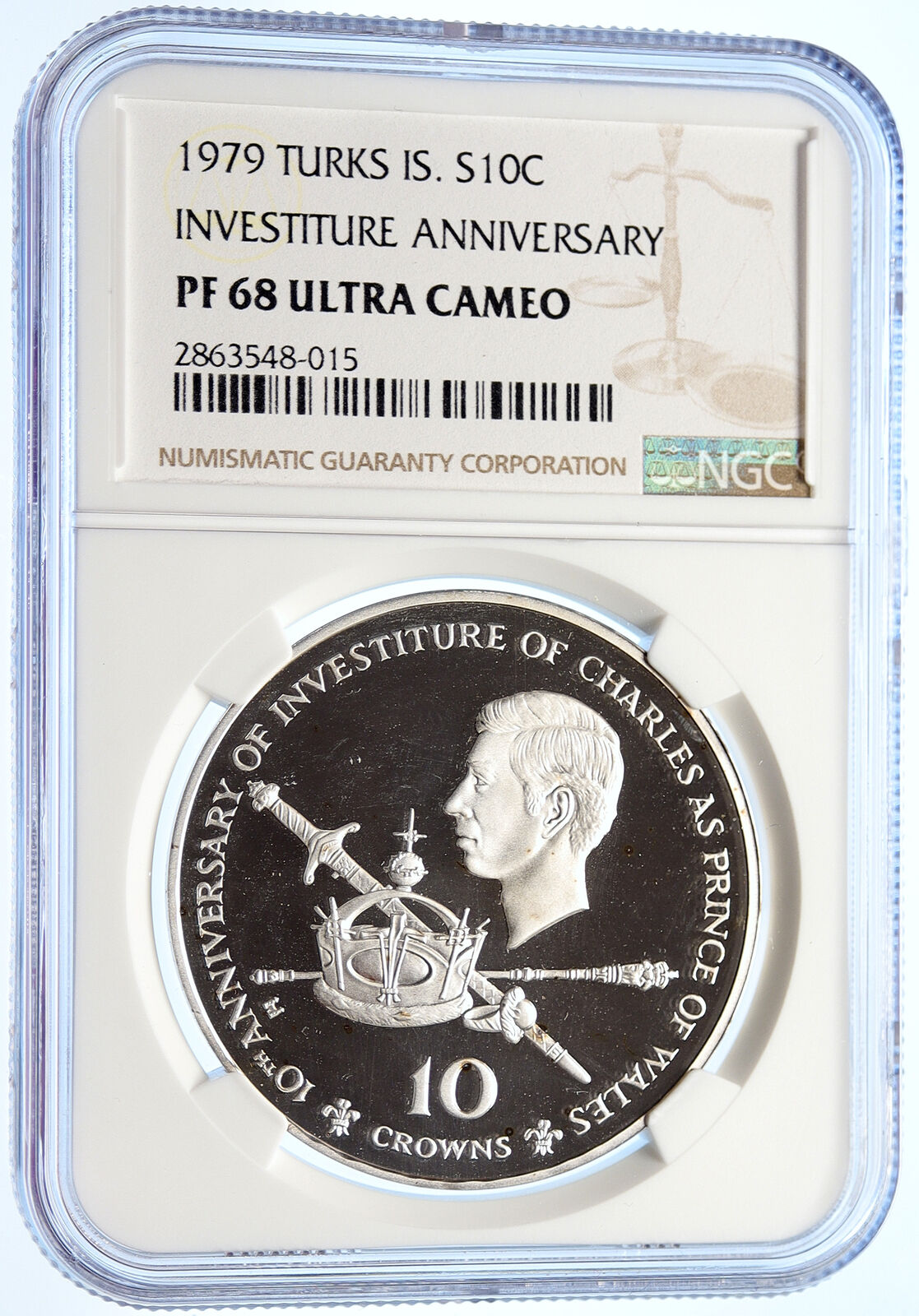 1979 TURKS AND CAICOS 10Yr Prince Charles Proof Silver 10 Crown Coin NGC i106316