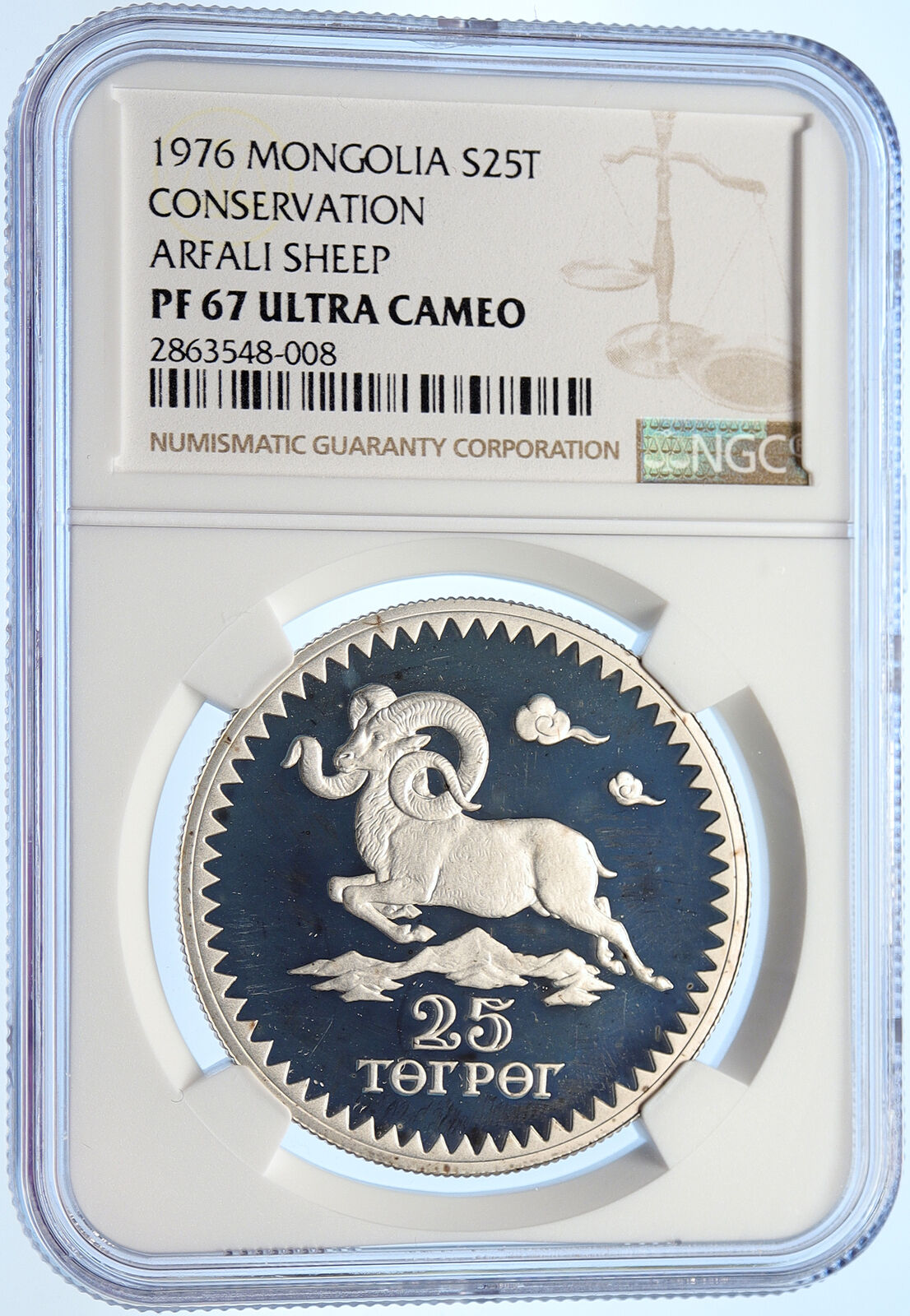 1987 MONGOLIA Conservation Arfali Sheep Proof Silver 25 Togrog Coin NGC i106311