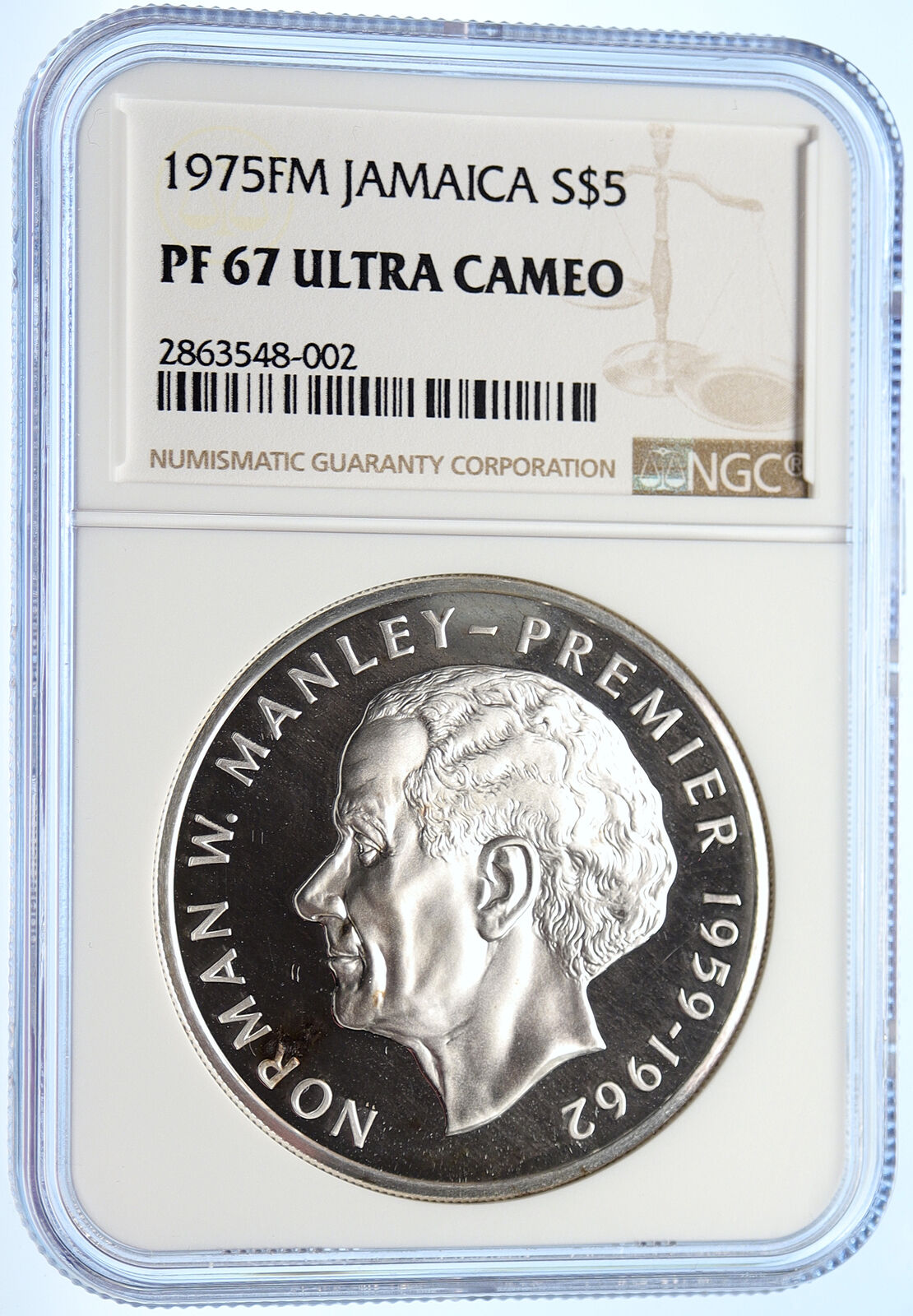 1975 JAMAICA HUGE Premier Norman W. Manley OLD Proof Silver $5 Coin NGC i106304