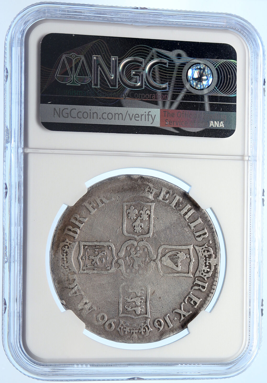 1696 UK Great Britain KING WILLIAM III Genuine Old Silver Crown Coin NGC i106342