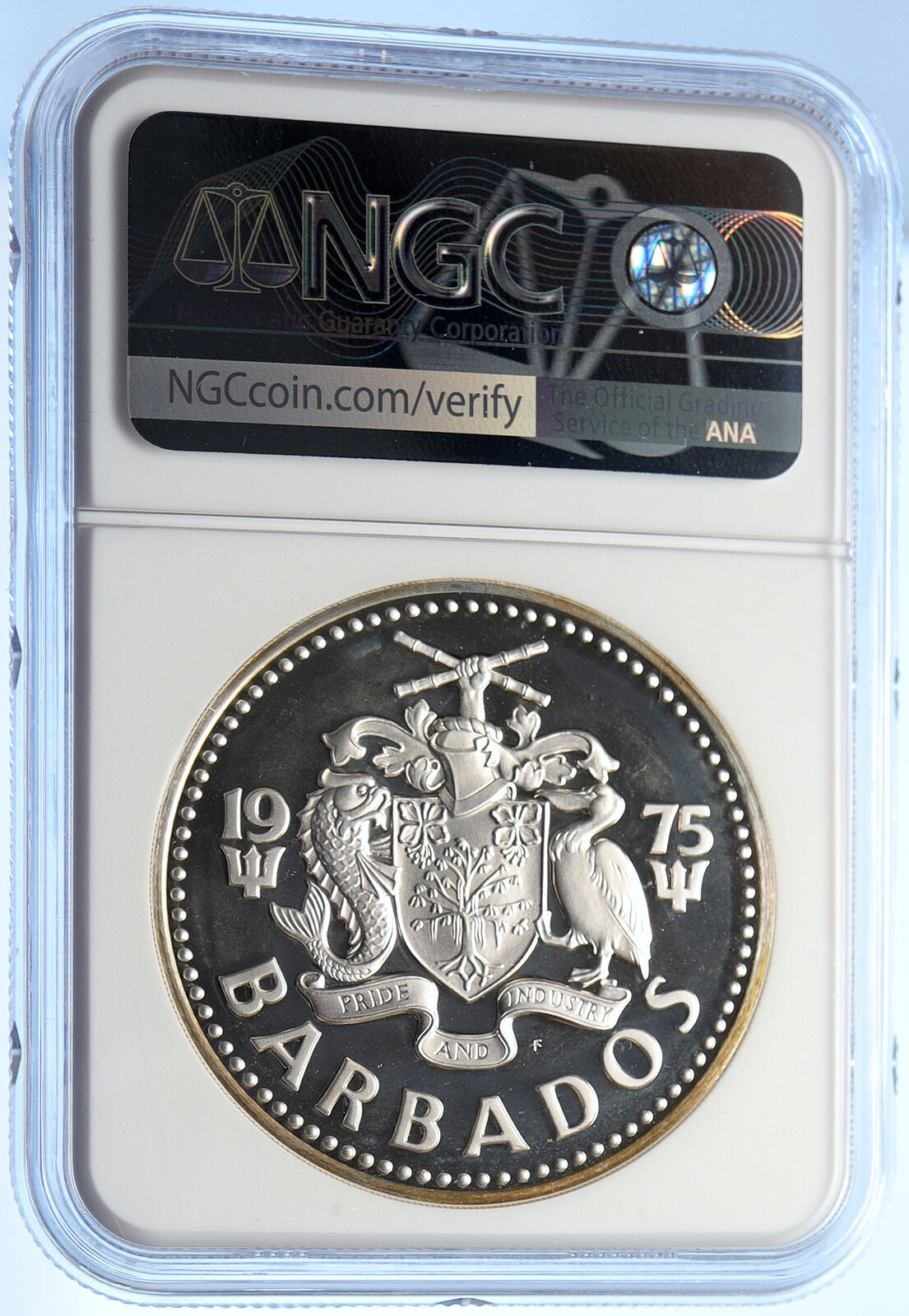 1975 BARBADOS Huge Old Genuine Proof Silver 10 Dollars Coin NEPTUNE NGC i106347