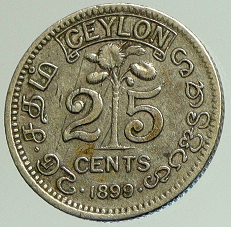 1899 CEYLON now SRI LANKA UK Queen Victoria Genuine Silver 25 Cents Coin i105120