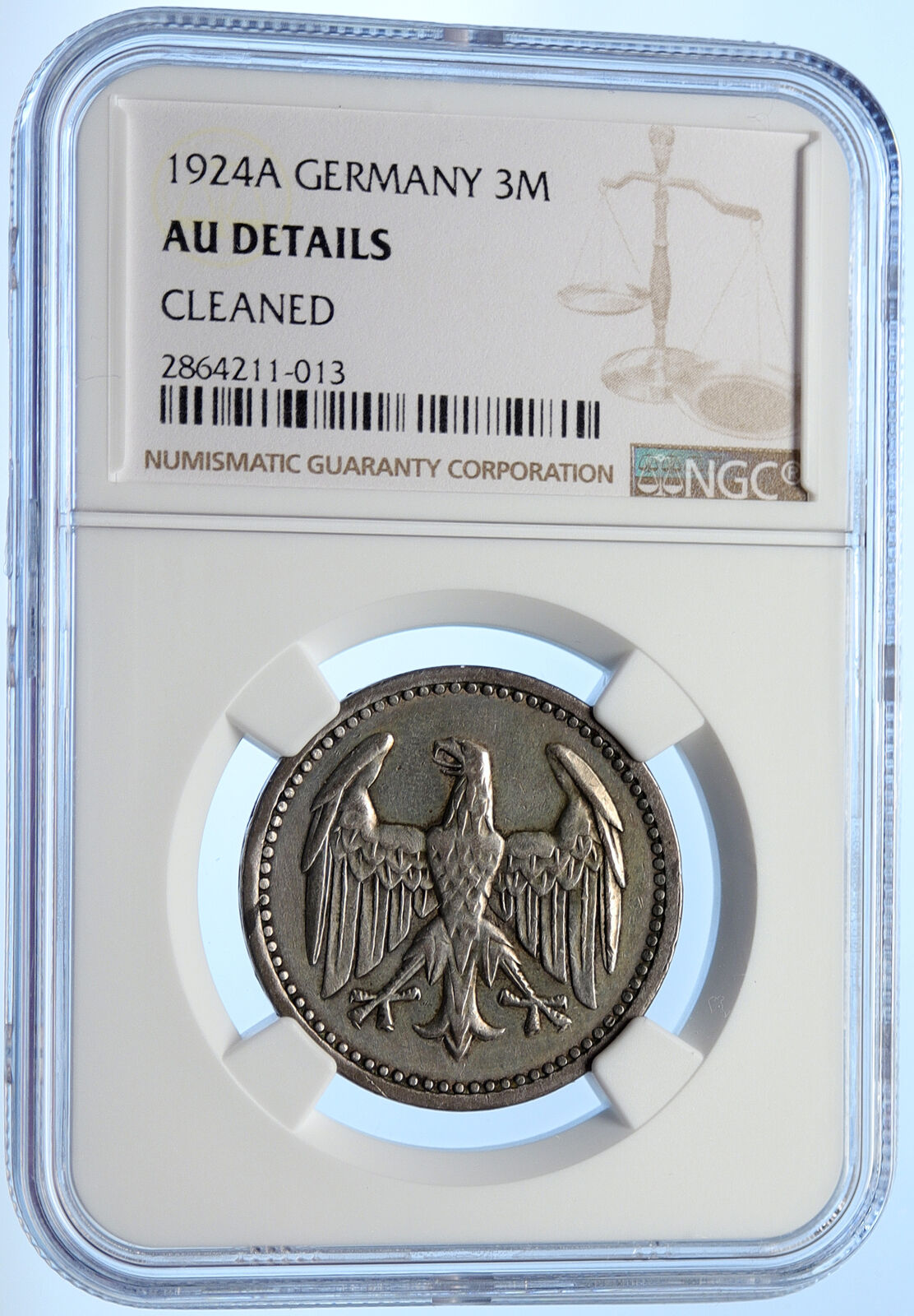 1924 A GERMANY Weimar Republic EAGLE Vintage OLD Silver 3 Mark Coin NGC i106344