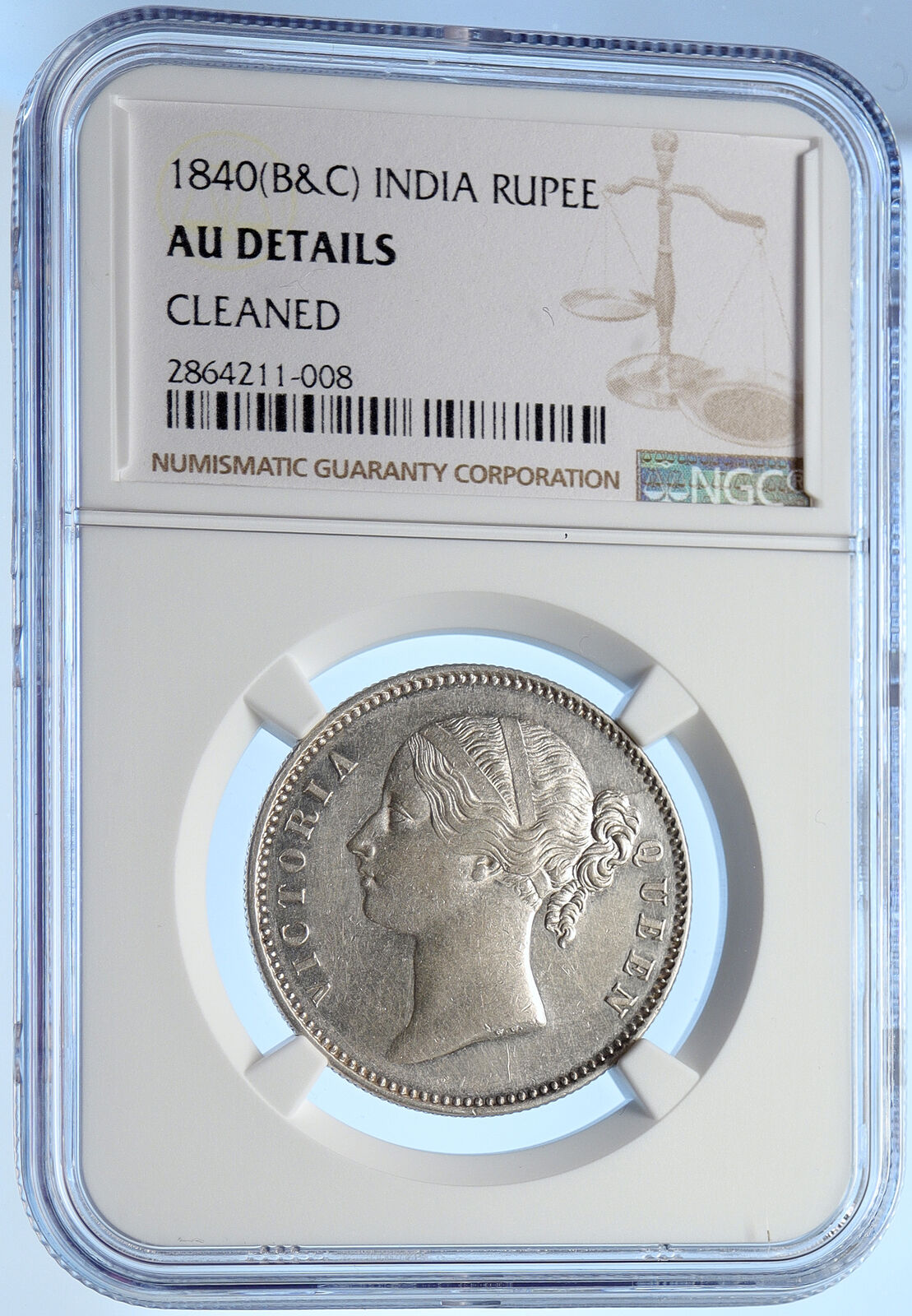 1840 B&C BRITISH INDIA UK COLONY Queen Victoria Silver RUPEE Coin NGC i106340