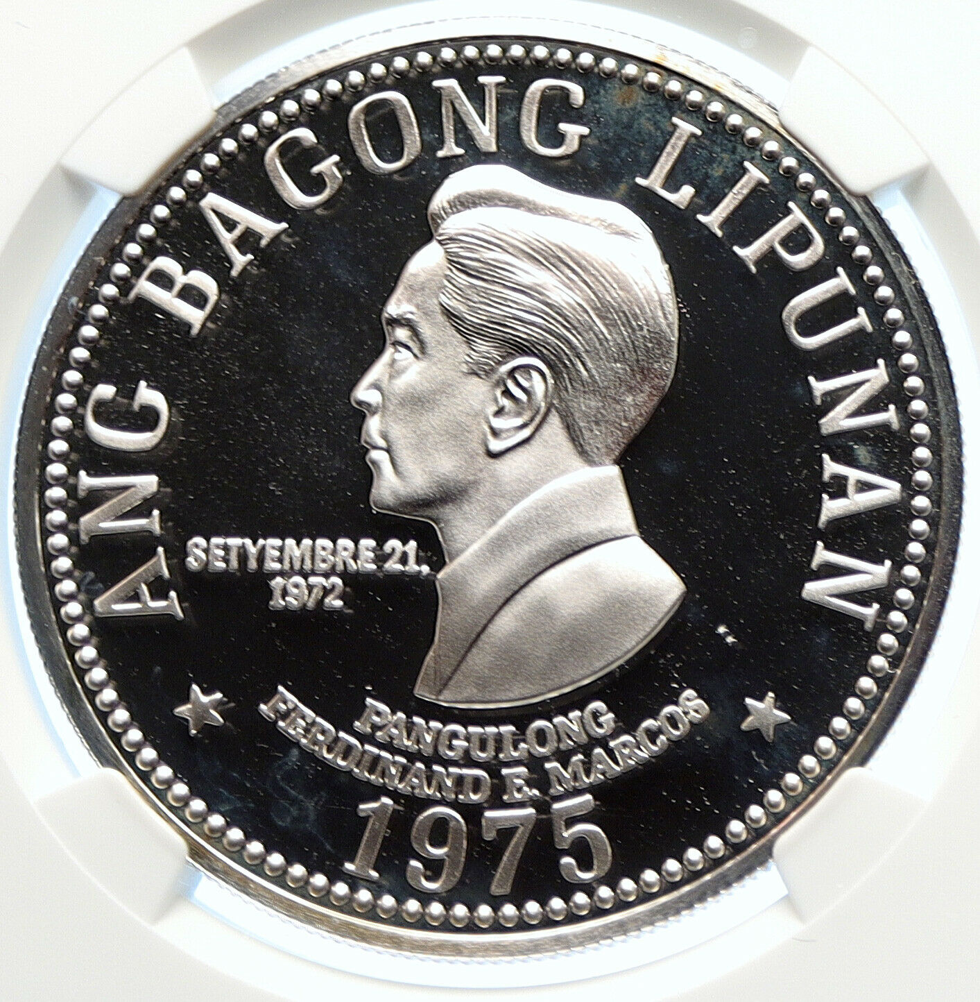 1975 PHILIPPINES New Society MARCOS Lipunan PRF Silver 50 Piso Coin NGC i106349