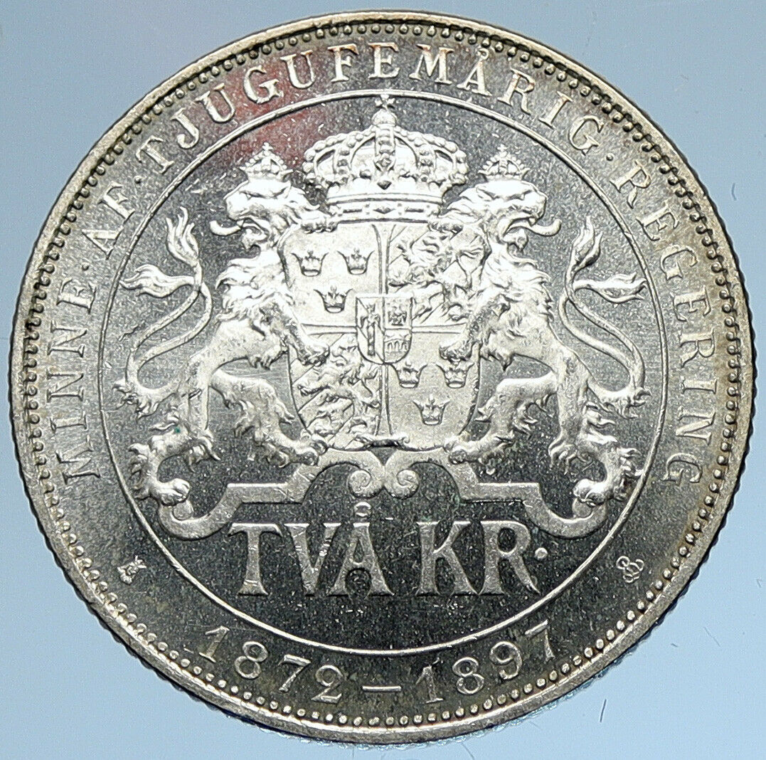 1897 SWEDEN King Oscar II Shield ANTIQUE SWEDISH Silver 2 Kronor Coin i107458