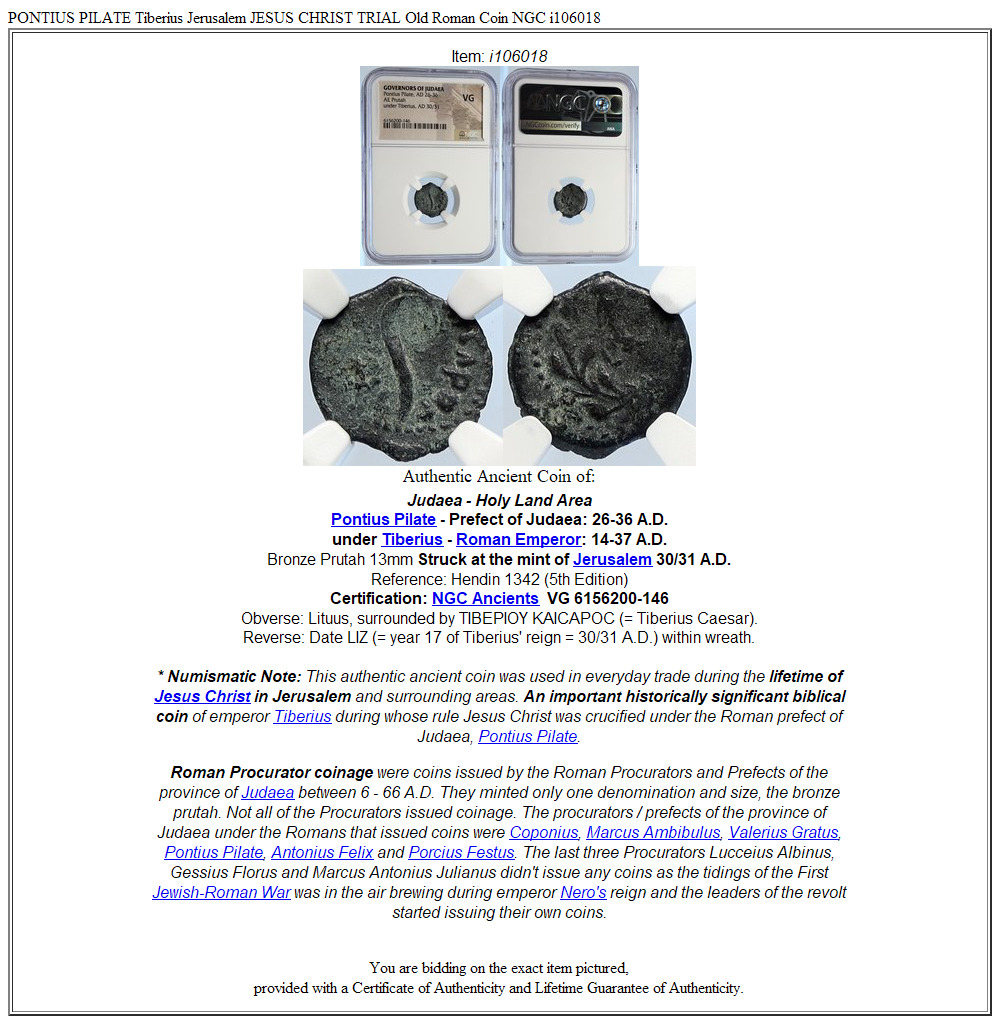 PONTIUS PILATE Tiberius Jerusalem JESUS CHRIST TRIAL Old Roman Coin NGC i106018