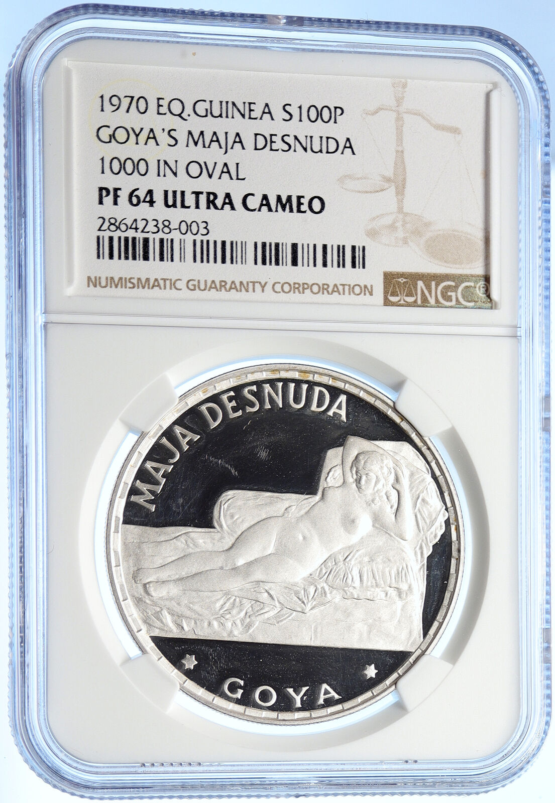 1970 EQUATORIAL GUINEA Goya Maja Desnuda Proof Silver 100Peseta Coin NGC i106364