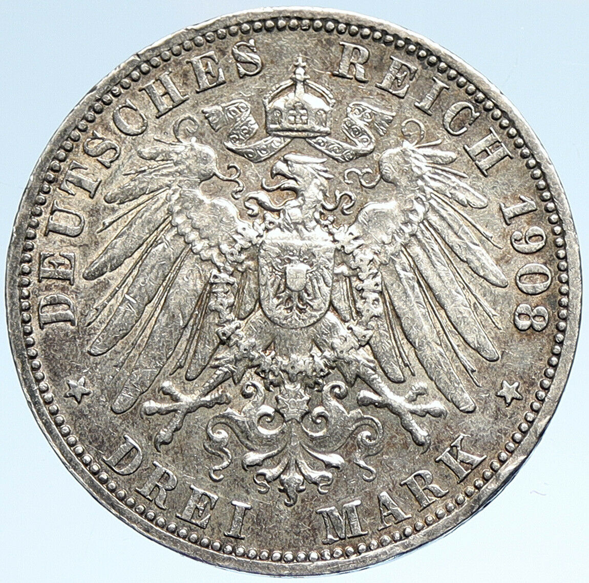 1908 A PRUSSIA KINGDOM Germany WILHELM II OLD Silver 3 Mark German Coin i107462