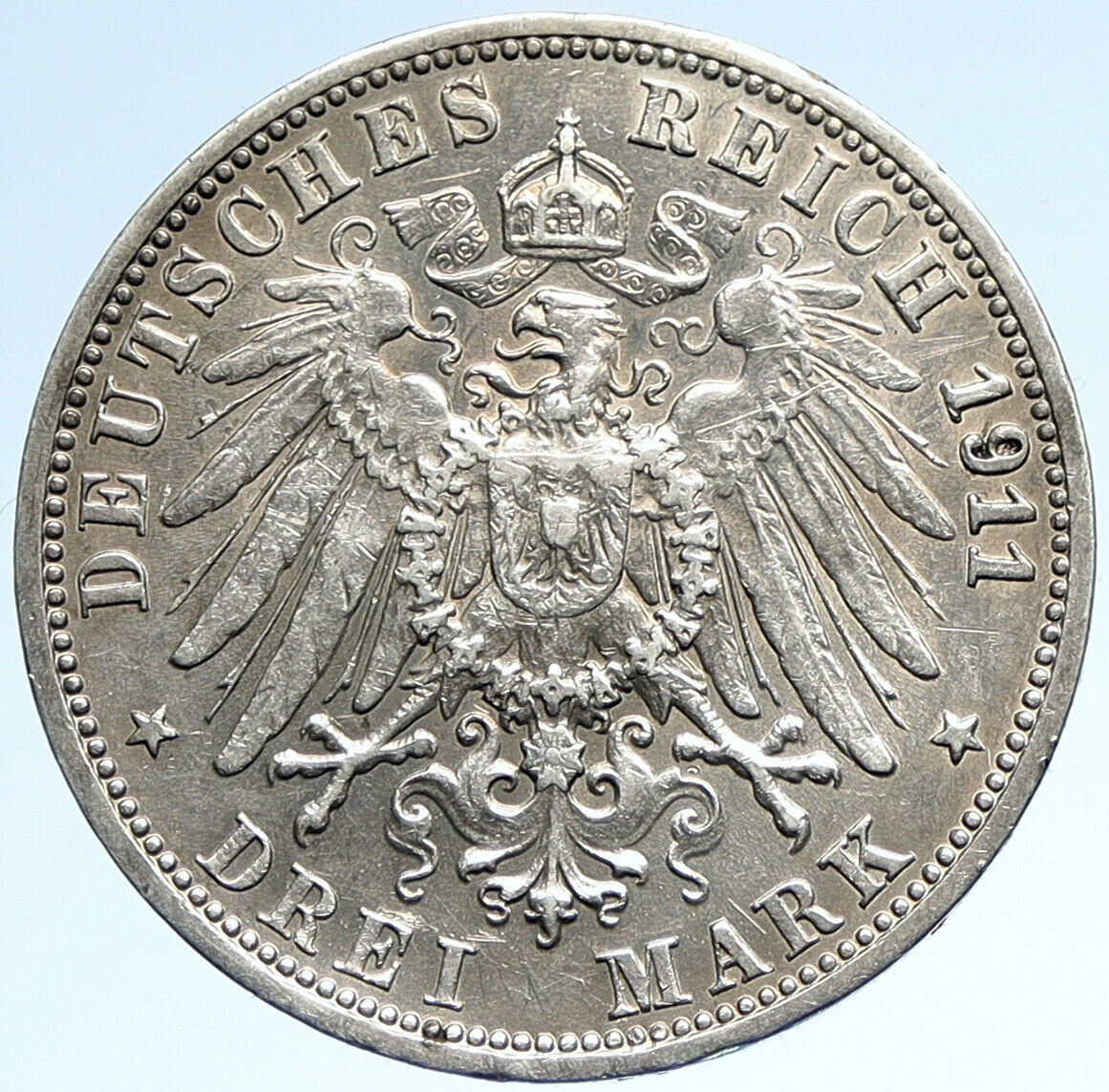 1911 F WURTTEMBERG KINGDOM Germany WILHELM II Wedding Silver 3 Mark Coin i107477