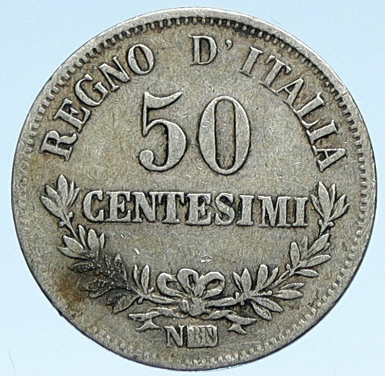 1863 BN ITALY King Victor Emmanuel II Silver 50 Centesimi ITALIAN Coin i107490