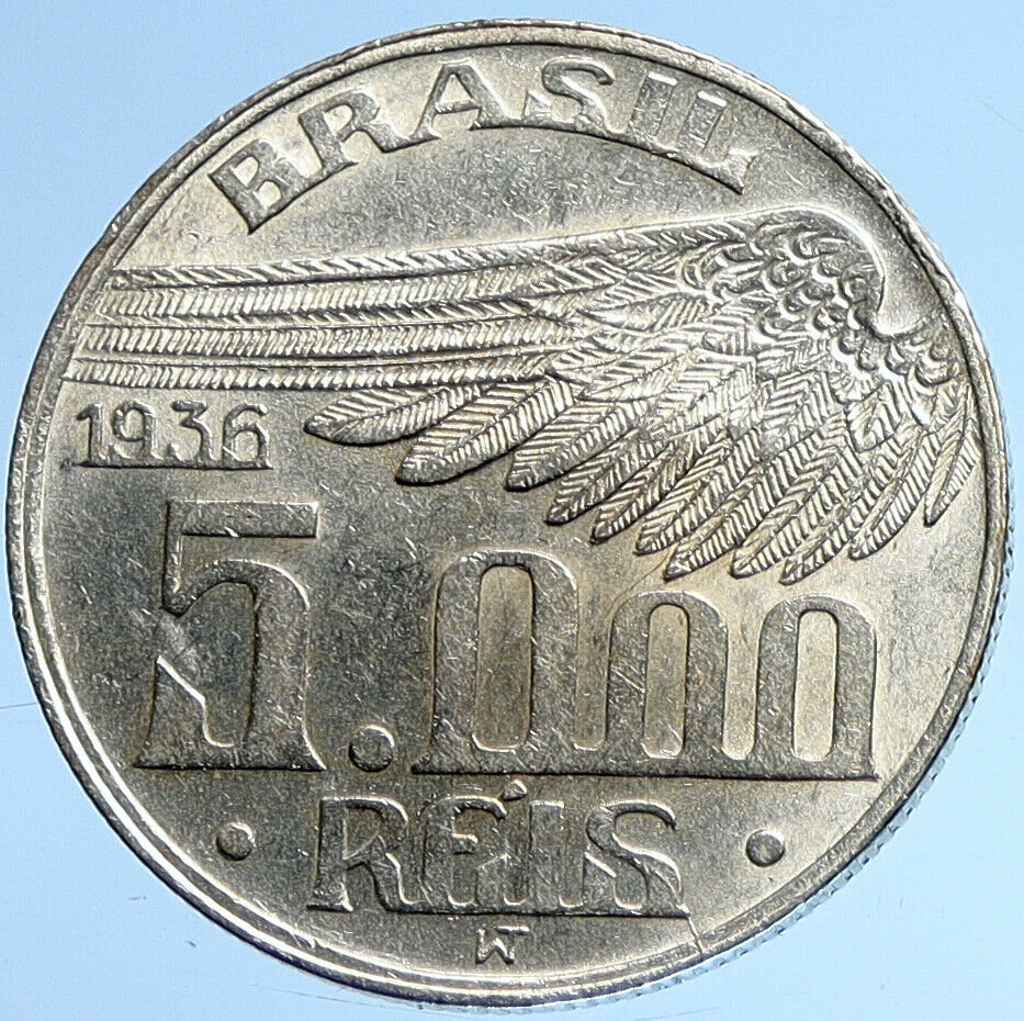 1936 BRAZIL Alberto Santos Dumont AVIATION Antique Silver 5000 Reis Coin i107794