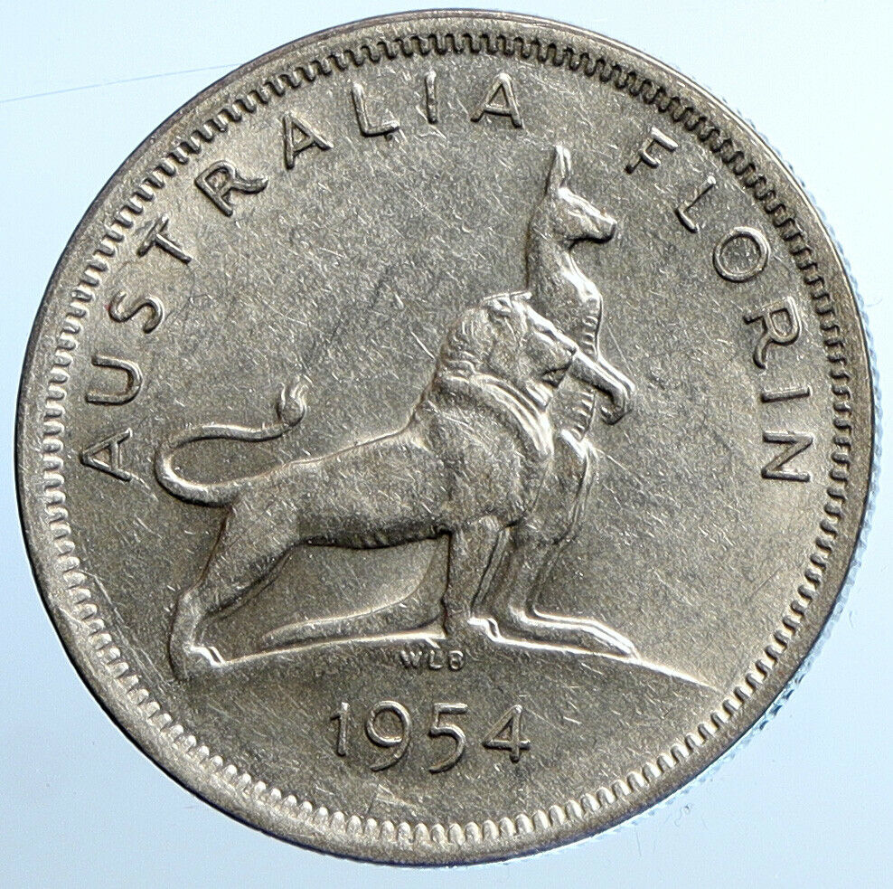 1954 AUSTRALIA UK Queen Elizabeth II Vintage SILVER FLORIN Kangaroo Coin i107783