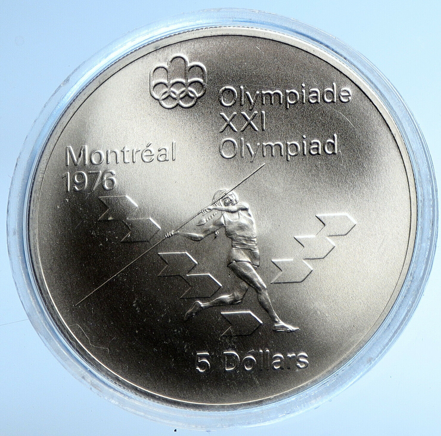 1975 CANADA Elizabeth II Olympics Javelin Athlete BU Old Silver $5 Coin i107757