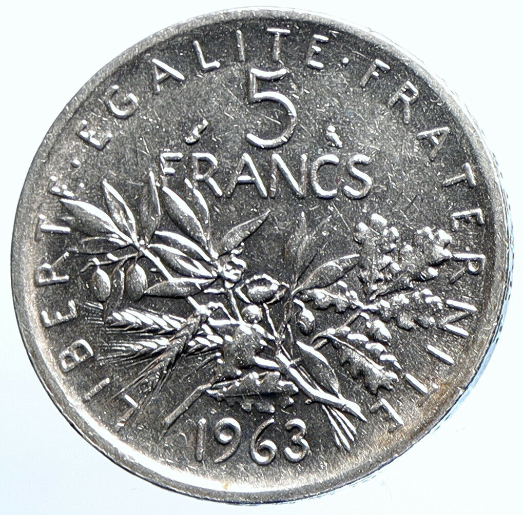 1963 FRANCE French LARGE w La Semeuse SOWER WOMAN Silver 5 Francs Coin i107784