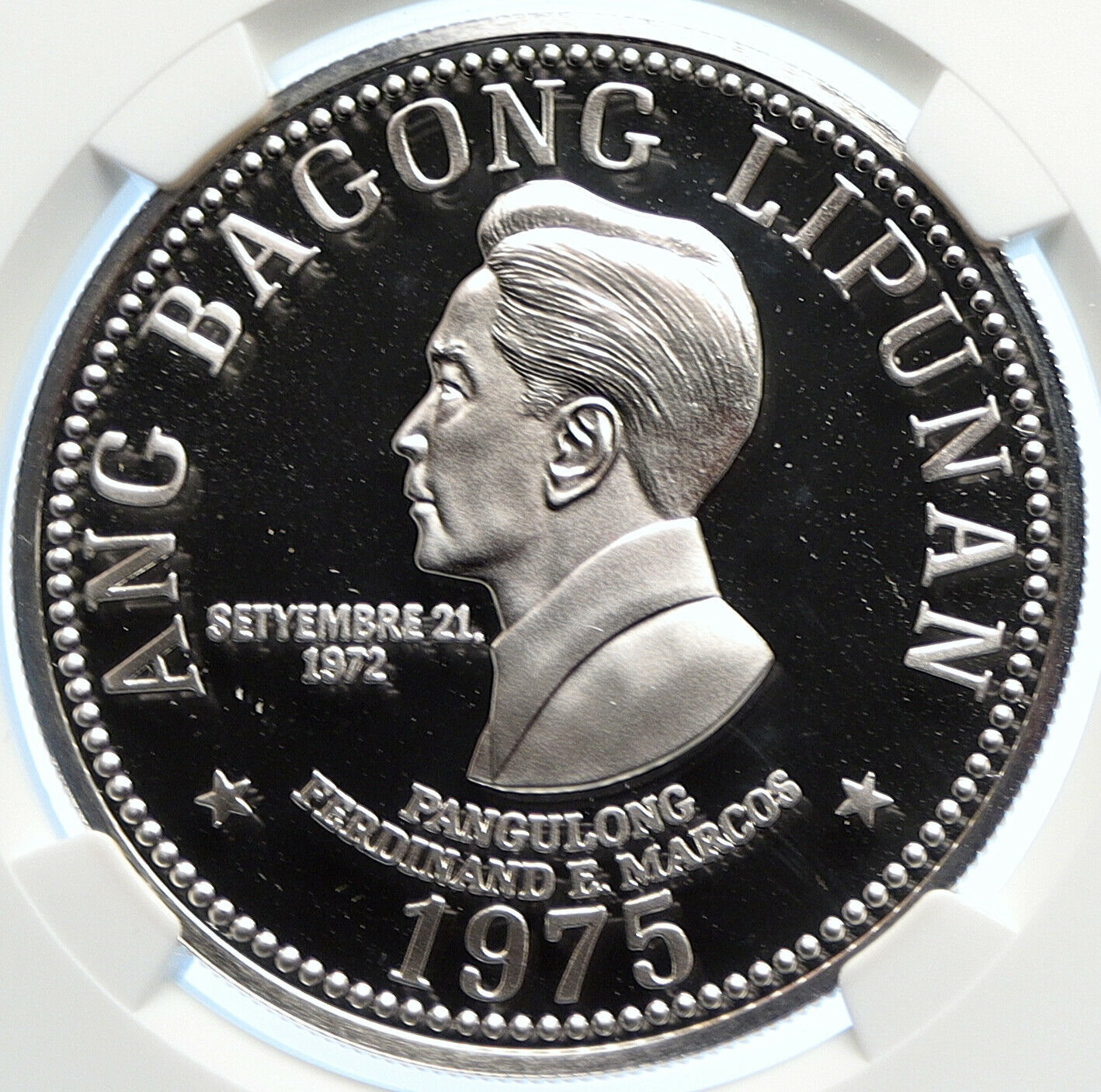 1975 PHILIPPINES New Society MARCOS Lipunan PRF Silver 50 Piso Coin NGC i106367