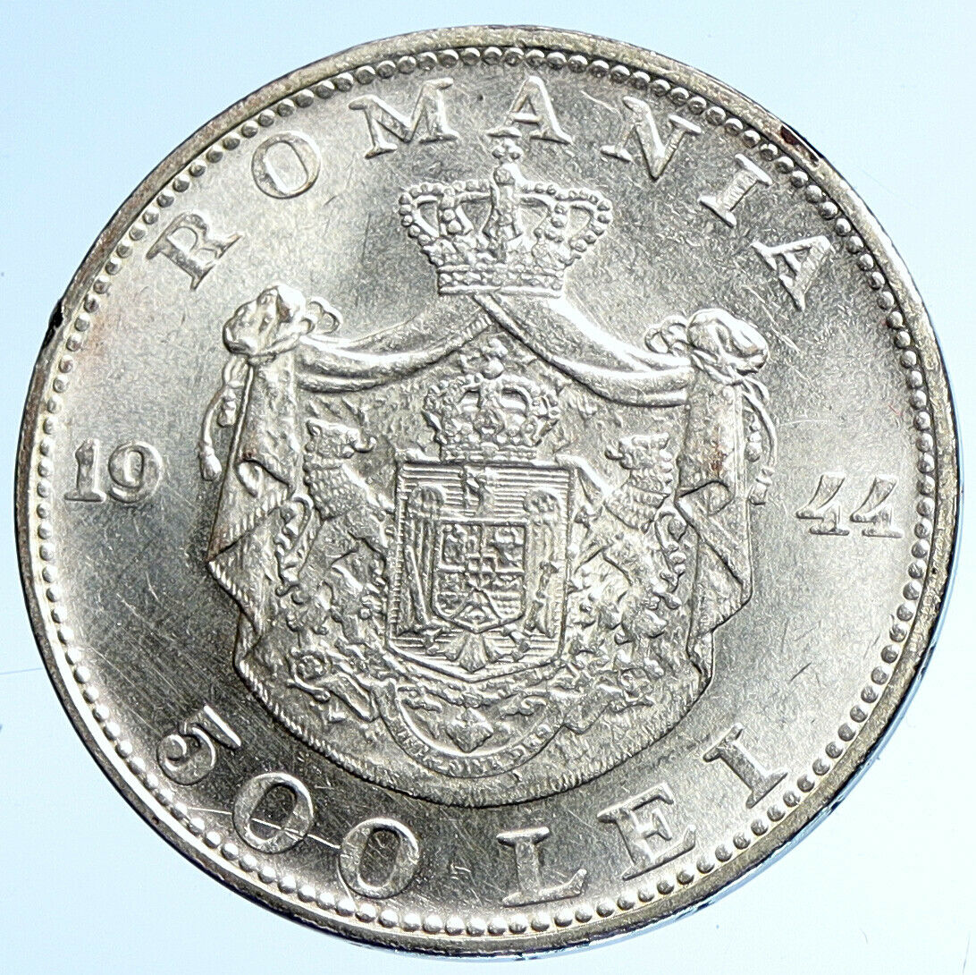 1944 ROMANIA Michael I Antique Genuine OLD Silver 500 LEI Romanian Coin i107785