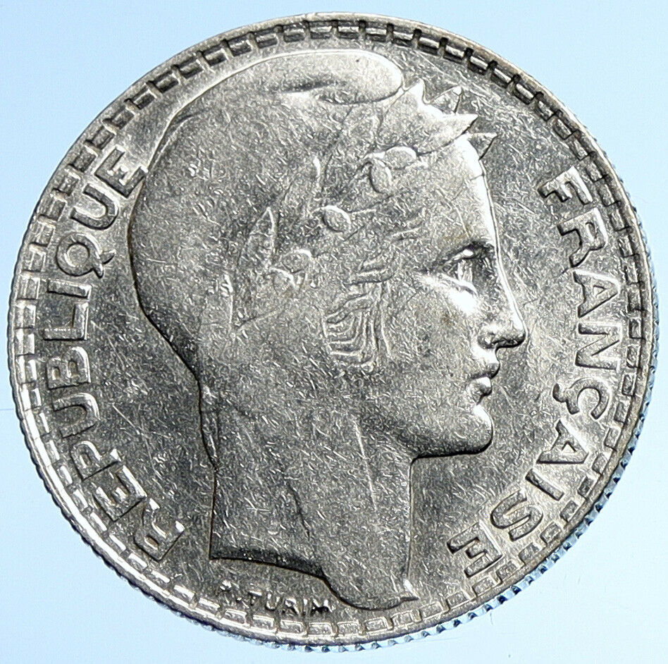 1939 FRANCE w Marianne FRENCH MOTTO Old VINTAGE Silver 10 Francs Coin i107789