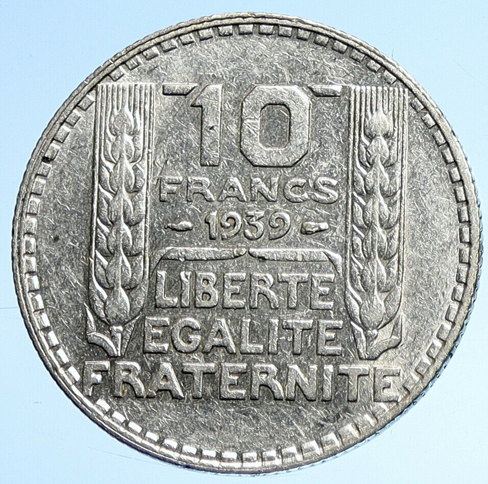 1939 FRANCE w Marianne FRENCH MOTTO Old VINTAGE Silver 10 Francs Coin i107789