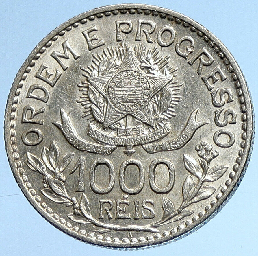 1913 BRAZIL Stars and LIBERTY Silver Genuine 1000 Reis Brazilian Coin i107796