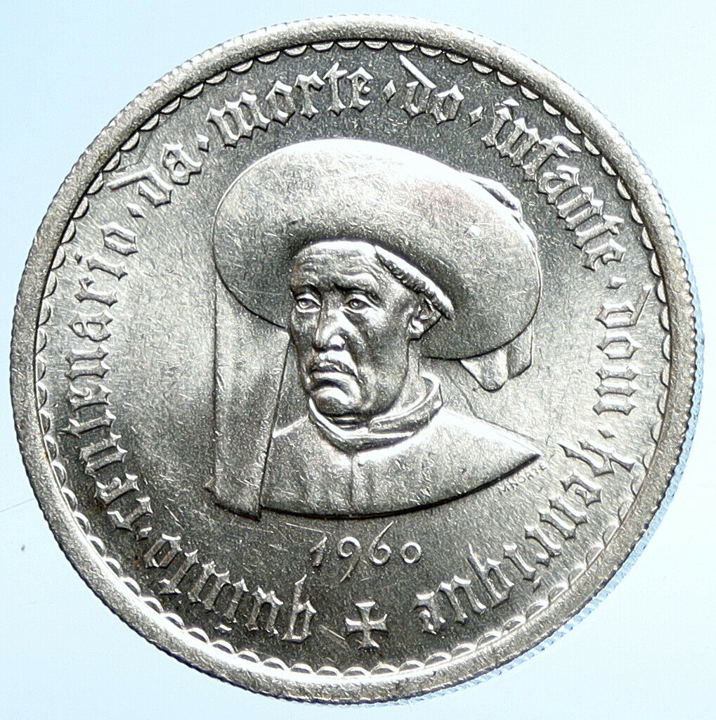 1960 PORTUGAL Prince Henry the Navigator Genuine Silver 10 Escudos Coin i107786