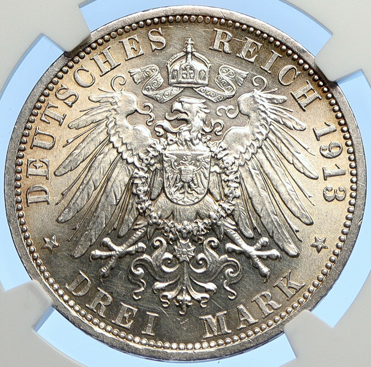 1913 A GERMANY GERMAN STATES PRUSSIA WILHELM II Silver 3 Marks Coin NGC i106228