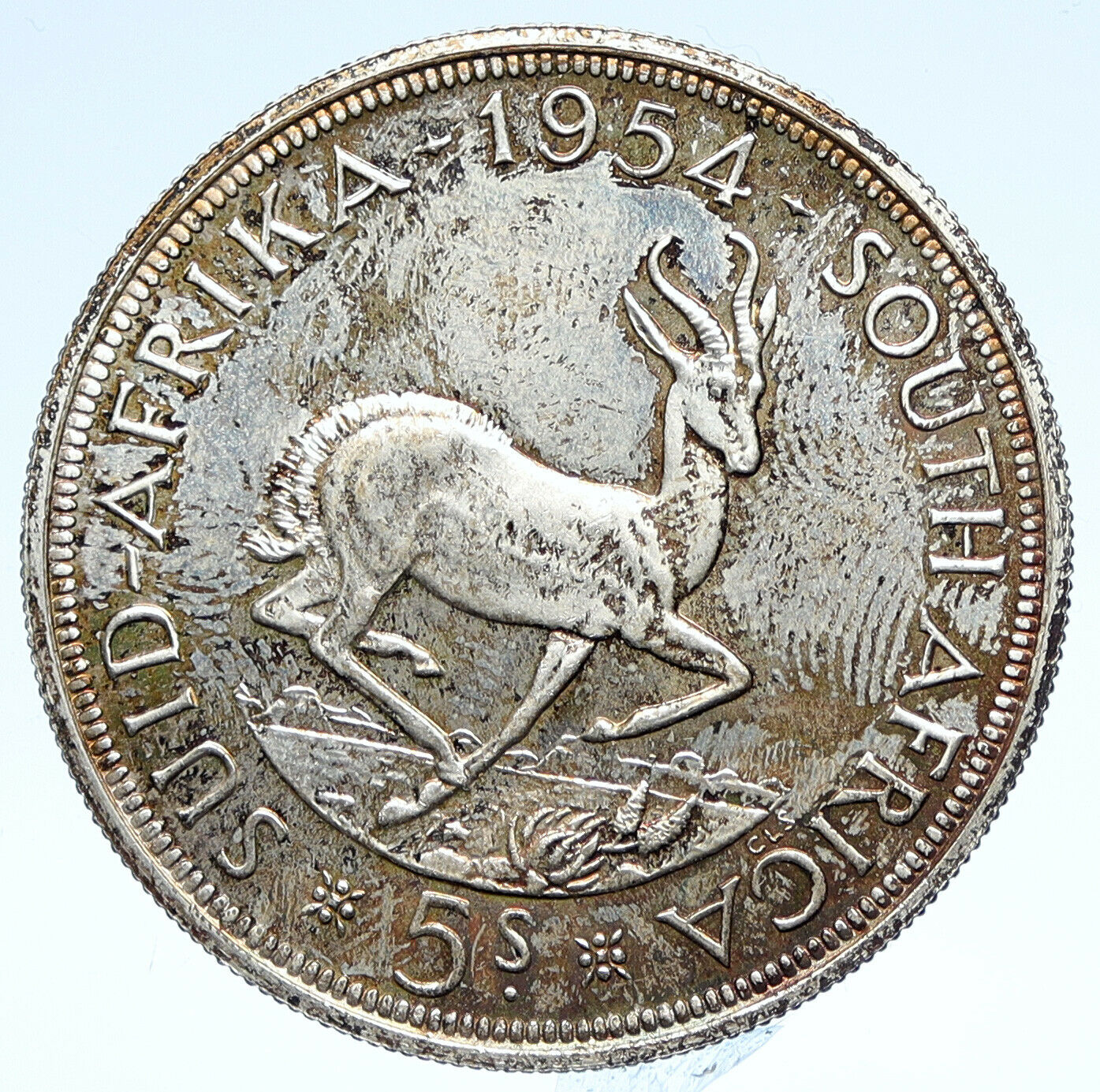 1954 SOUTH AFRICA Old Queen Elizabeth II PF-LIKE Silver 5 Shillings Coin i107491