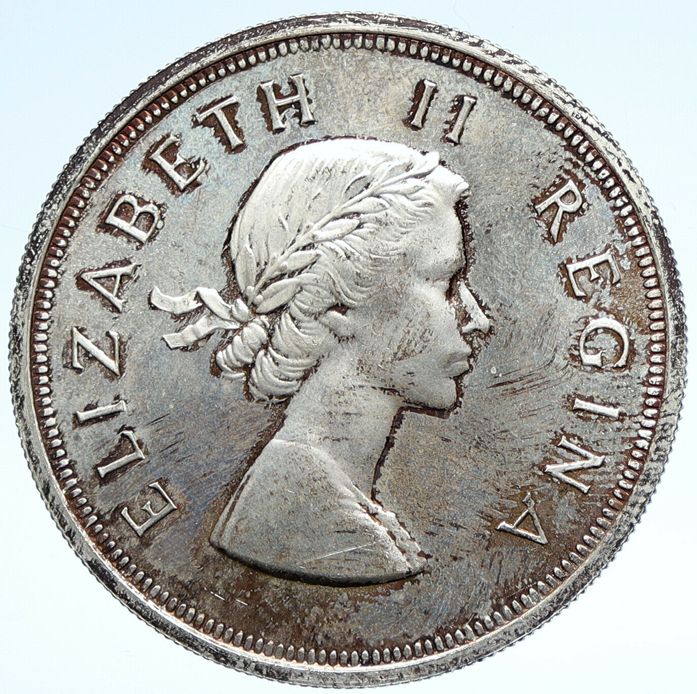 1954 SOUTH AFRICA Old Queen Elizabeth II PF-LIKE Silver 5 Shillings Coin i107491