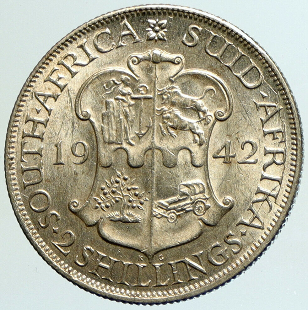 1942 SOUTH AFRICA King GEORGE VI Shields VINTAGE Silver 2 Shillings Coin i104837