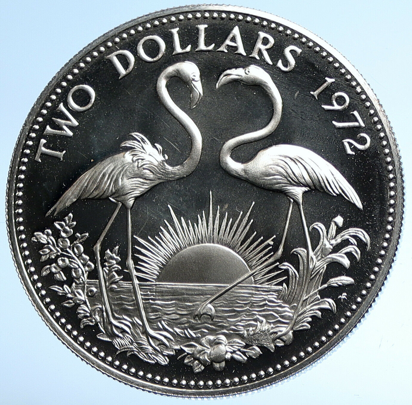 1972 The BAHAMAS Elizabeth II FLAMINGO Birds PROOF SILVER 2 Dollars Coin i107822