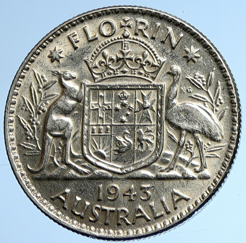 1943 AUSTRALIA Large King George VI Kangaroos OLD Silver Florin Coin i107843