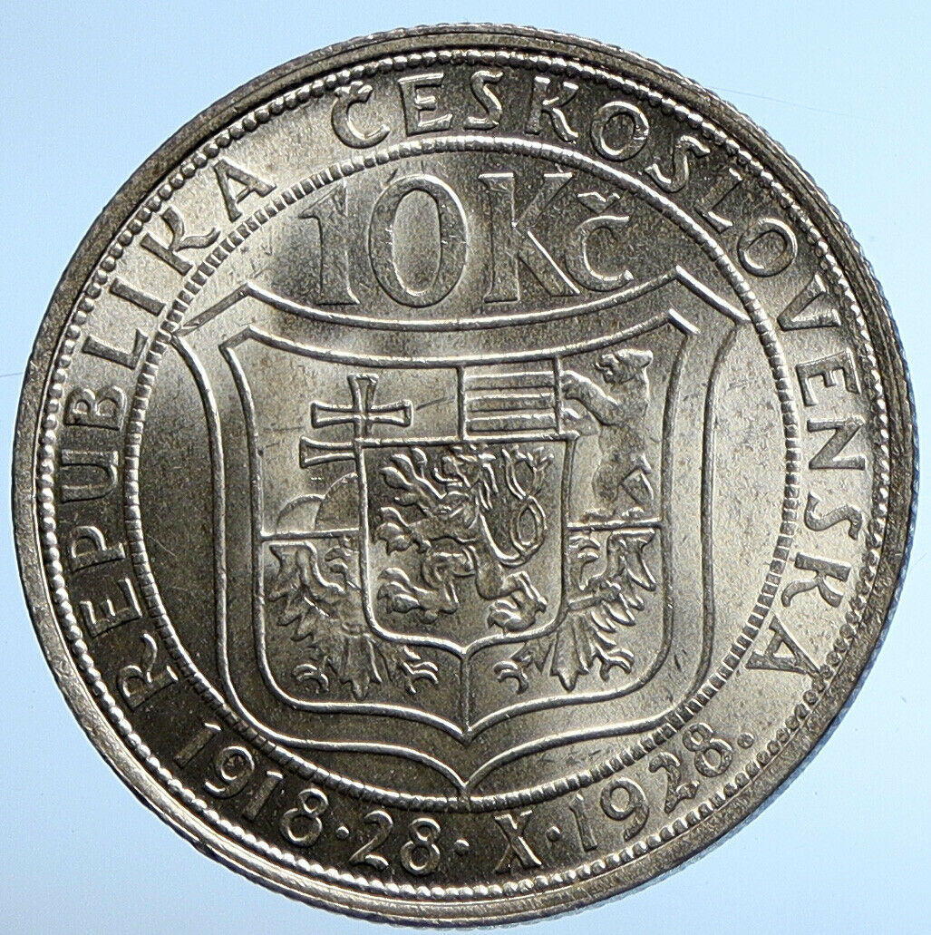 1928 CZECHOSLOVAKIA President Masaryk ANTIQUE Proof Silver 10 Korun Coin i107829