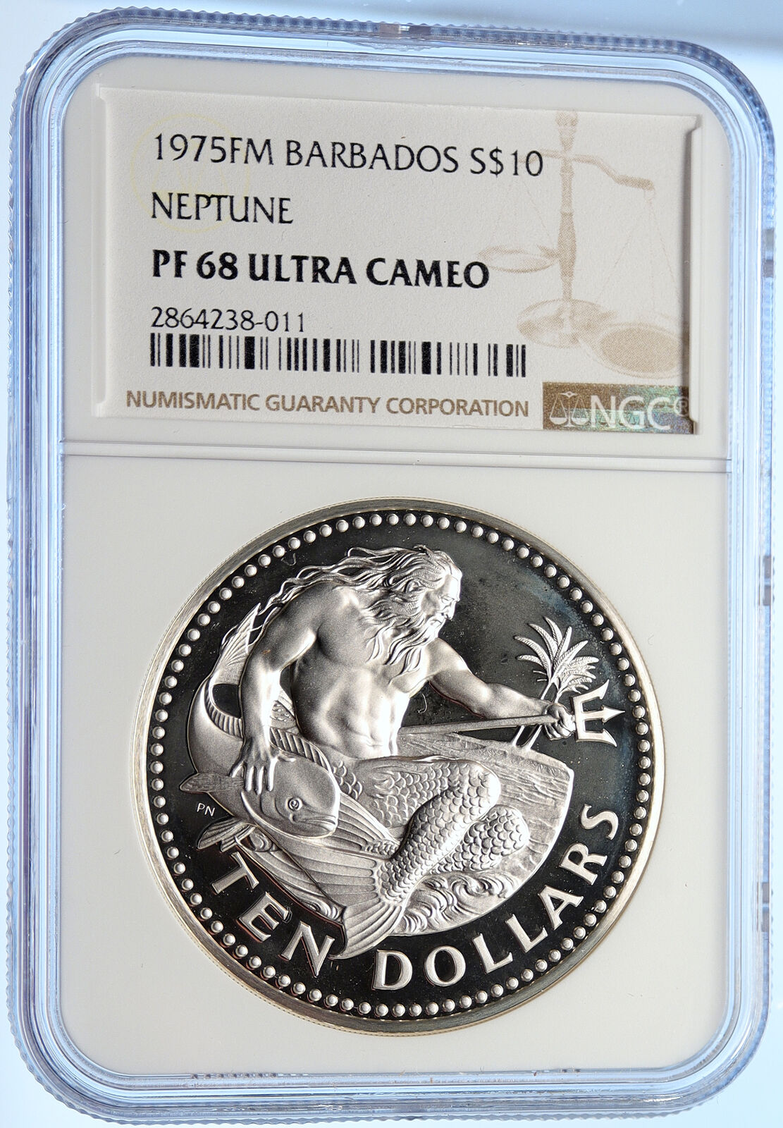 1975 BARBADOS Huge Old Genuine Proof Silver 10 Dollars Coin NEPTUNE NGC i106372