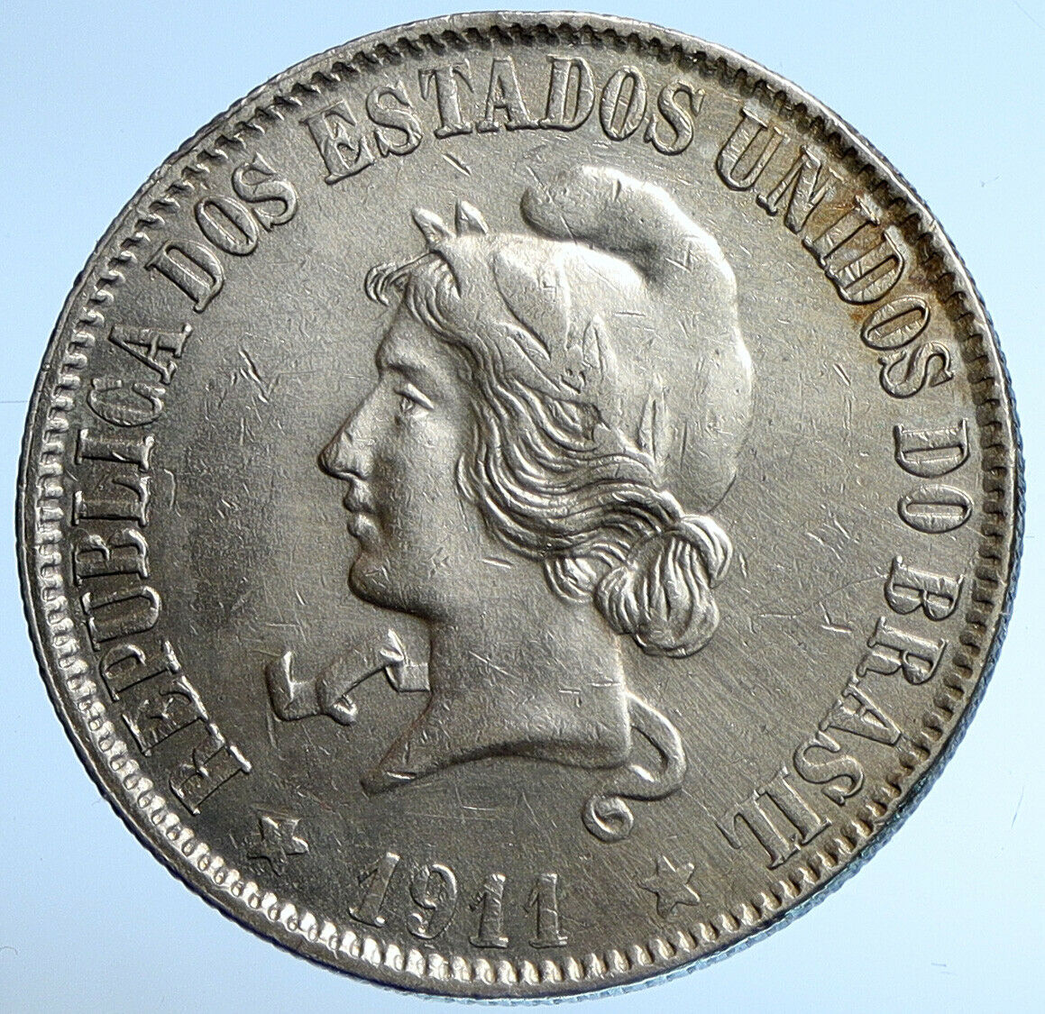 1911 BRAZIL Genuine LIBERTY with CAP Brazilian OLD Silver 2000 Reis Coin i107837