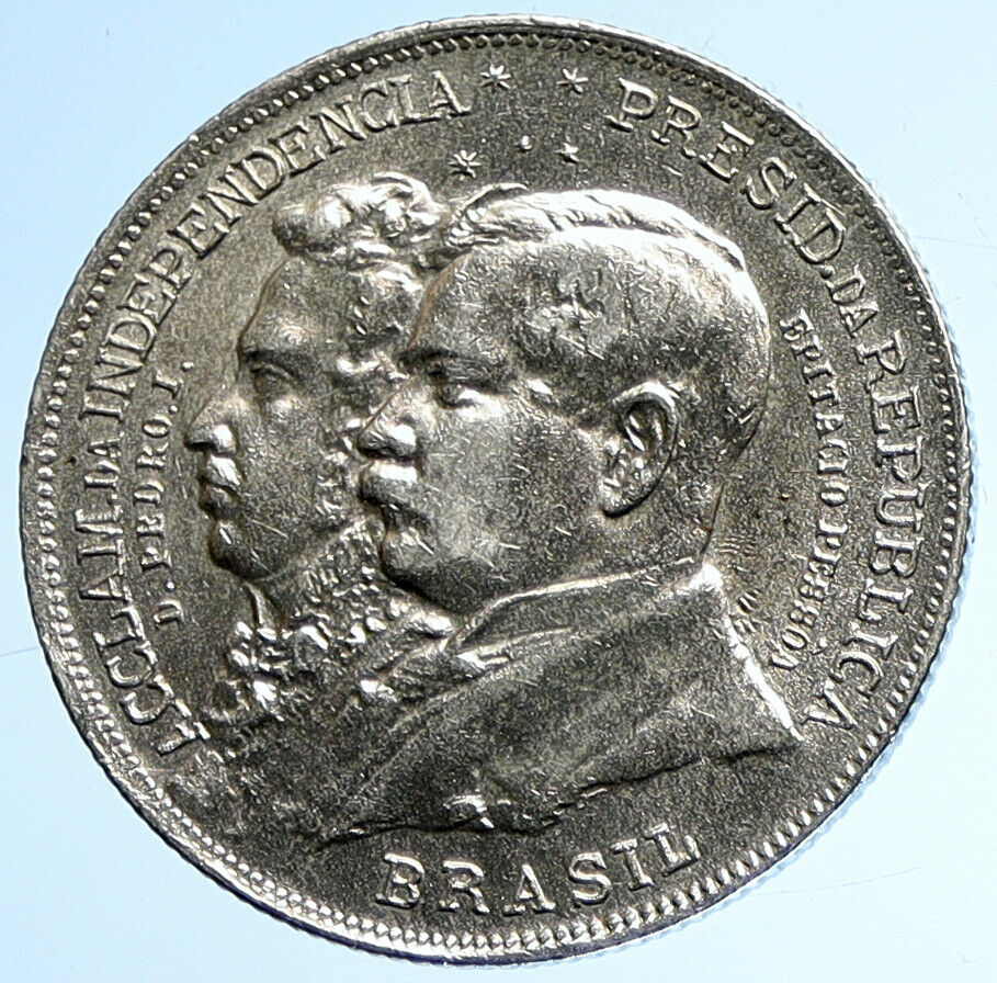 1922 BRAZIL King Dom Pedro & President Pessoa OLD Silver 2000 Reis Coin i107846