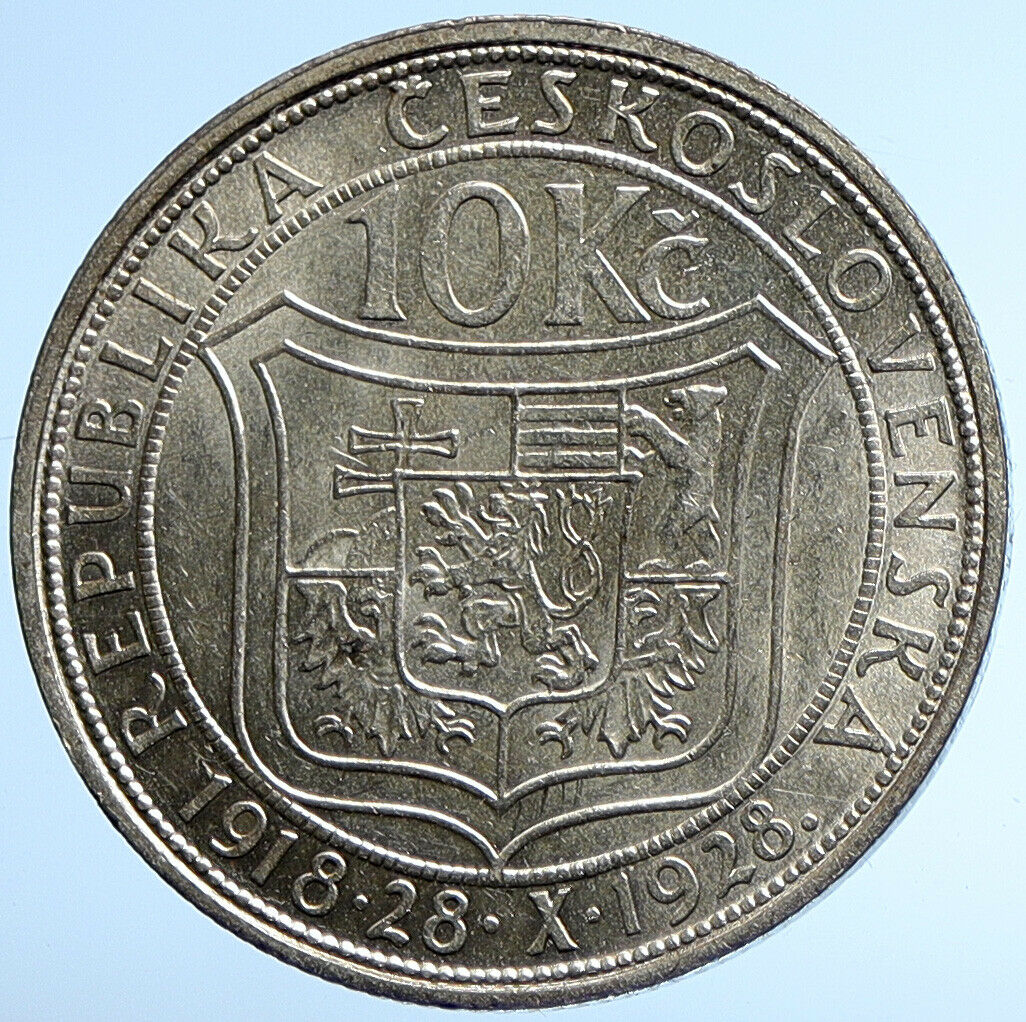 1928 CZECHOSLOVAKIA President Masaryk ANTIQUE Proof Silver 10 Korun Coin i107831