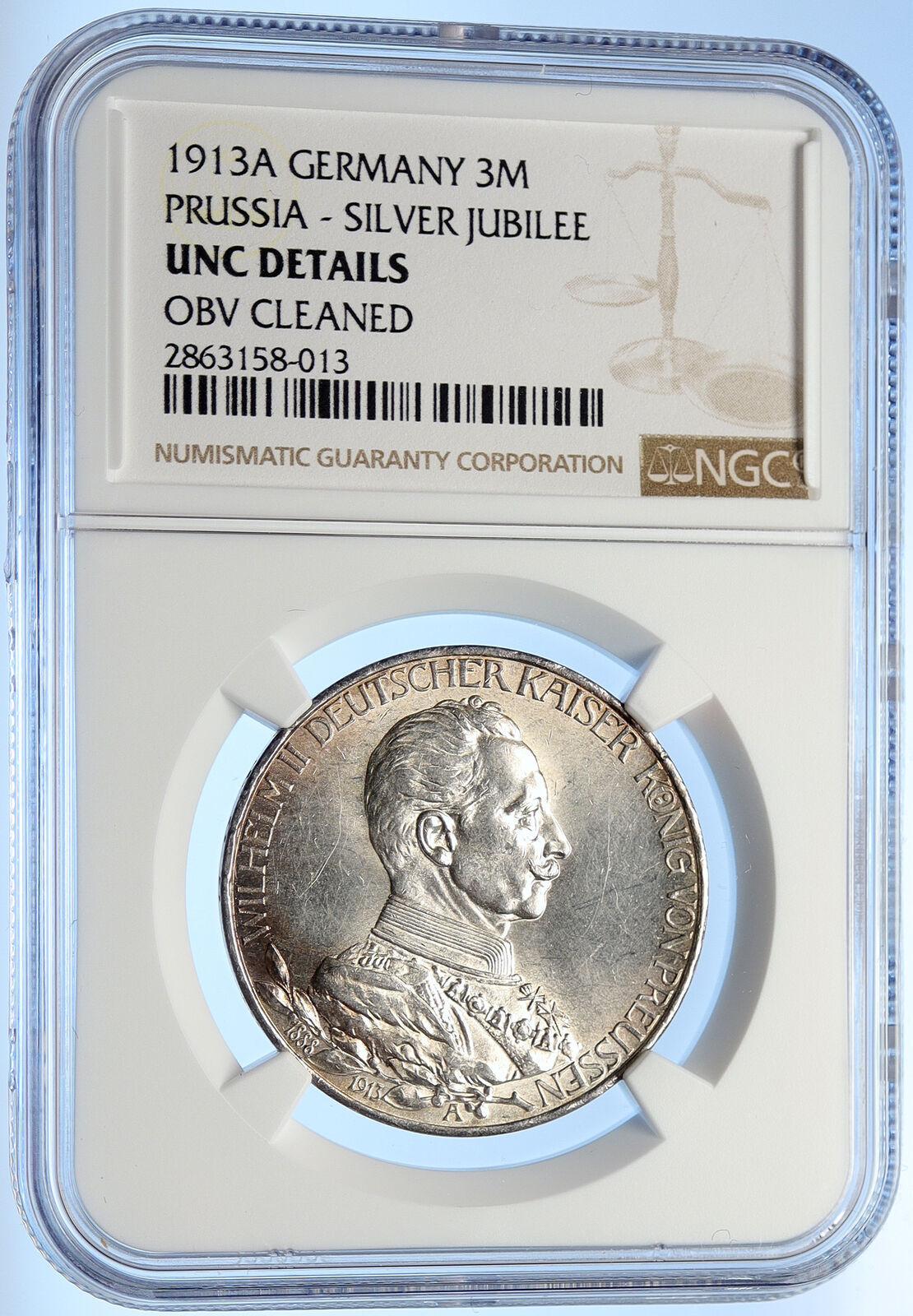 1913 A GERMANY GERMAN STATES PRUSSIA WILHELM II Silver 3 Marks Coin NGC i106228