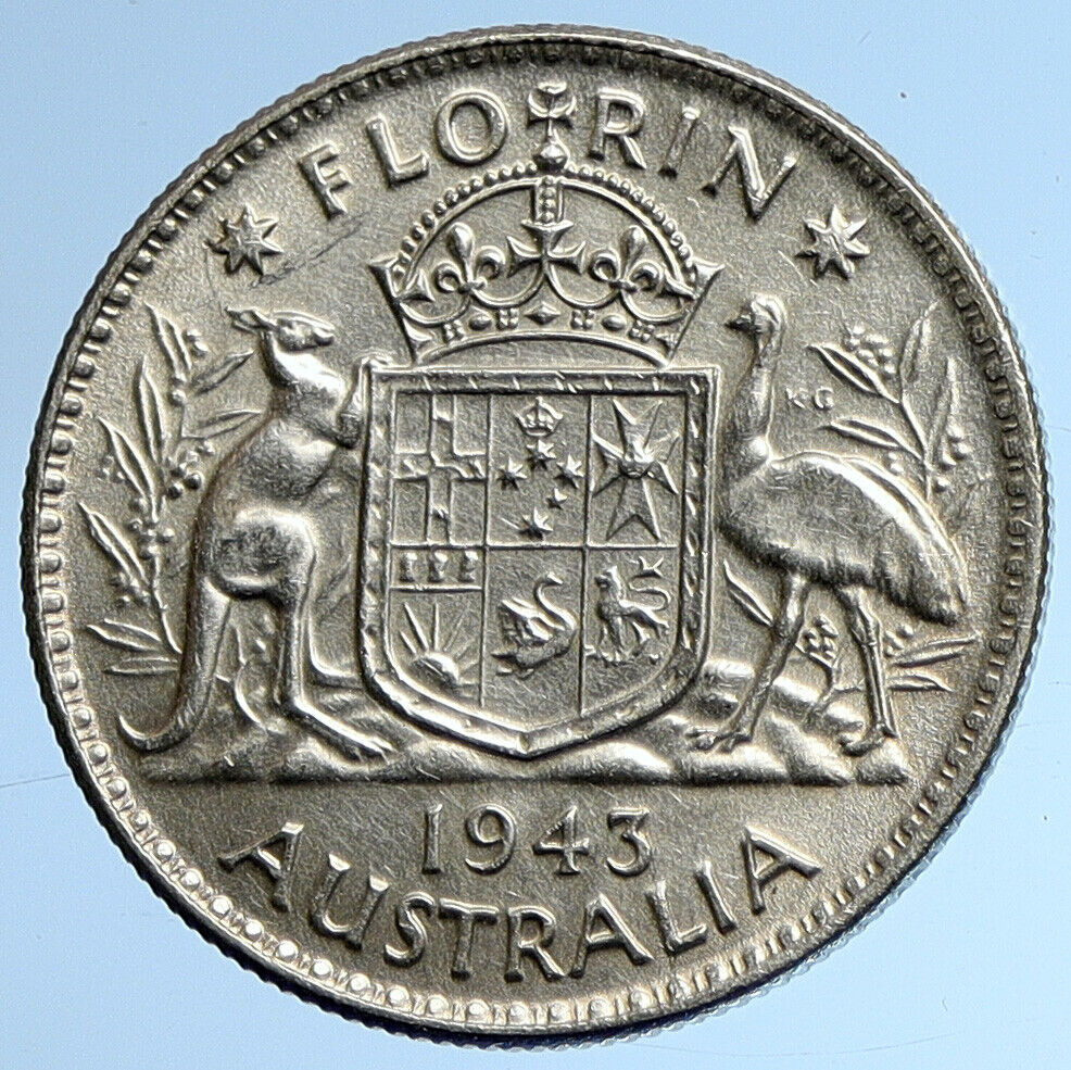 1943 AUSTRALIA Large King George VI Kangaroos OLD Silver Florin Coin i107842