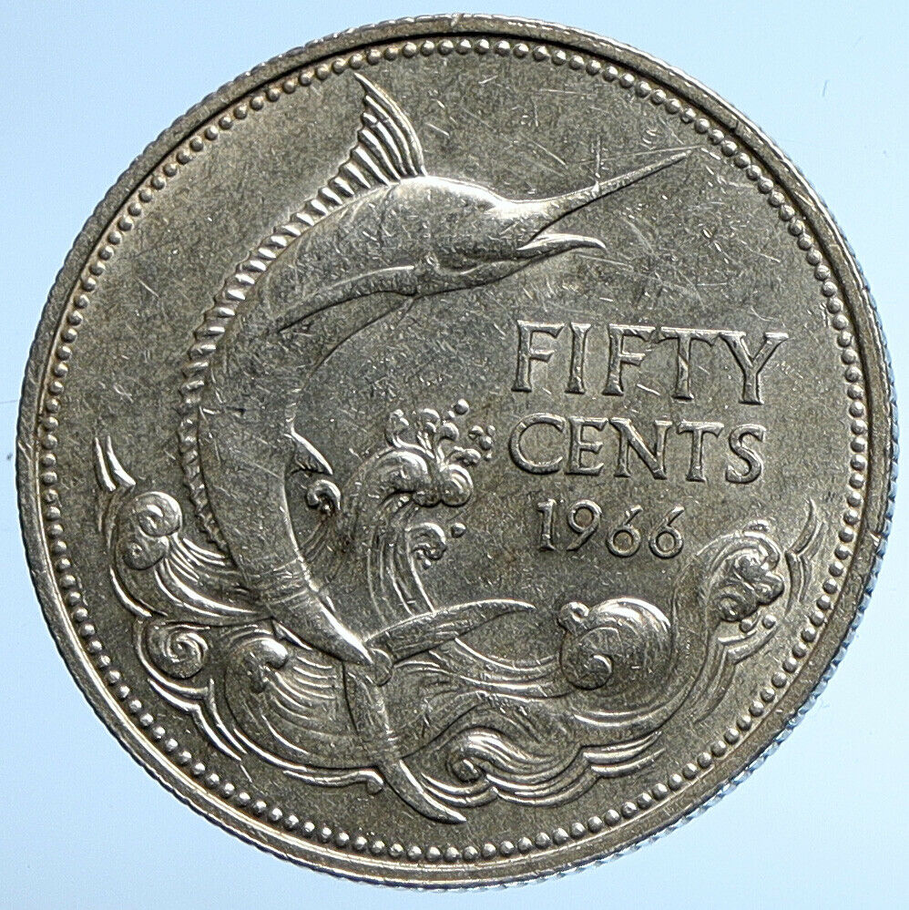 1966 BAHAMAS UK Queen Elizabeth II and Marlin FISH Silver Coin 50 Cents i107838