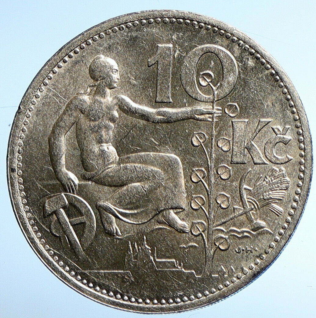 1932 CZECH REPUBLIC Woman & Lime TREE Old ANTIQUE Silver 10 Korun Coin i107830