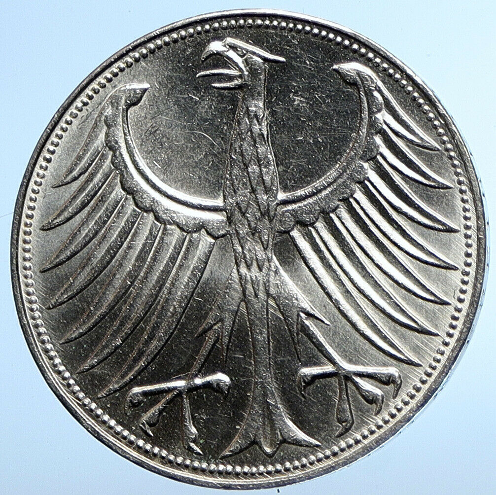 1960 G GERMANY Vintage Winged Eagle OLD German Large 5 Mark Silver Coin i107835